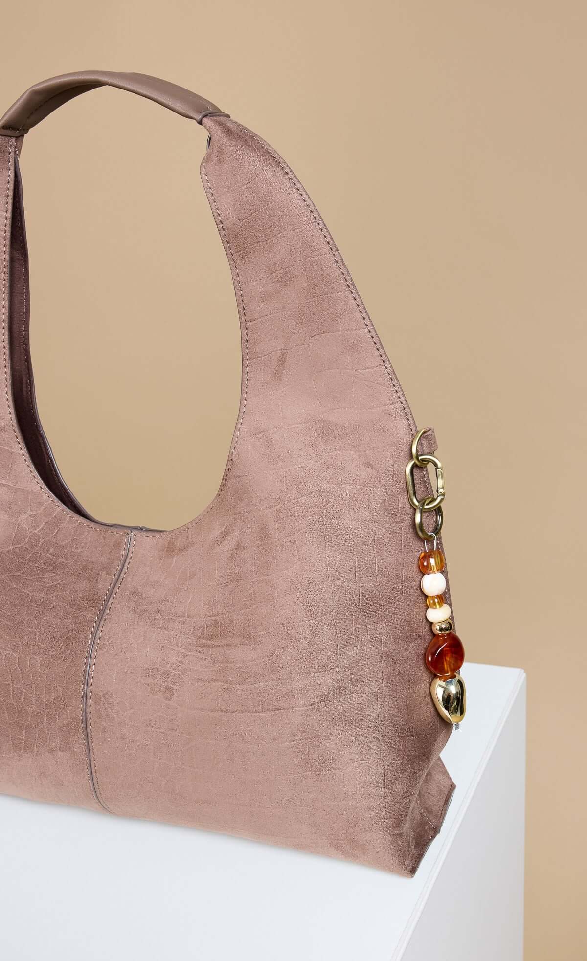 Mocha Croc Emboss Shoulder Bag with gold and cream bead charm detail, stylish and elegant design.