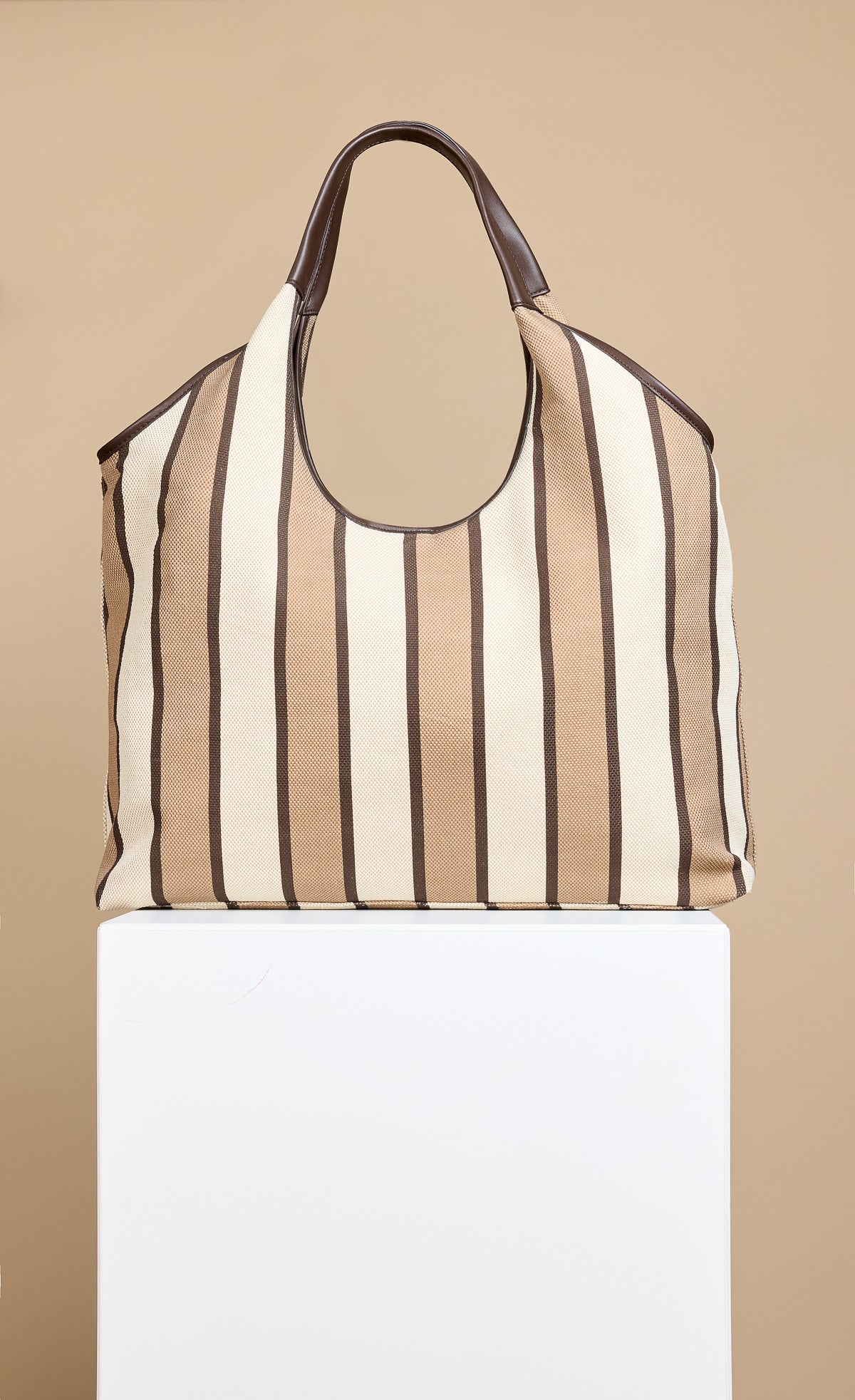 Camel & Cream Stripe Fabric Oversized Shopper Bag