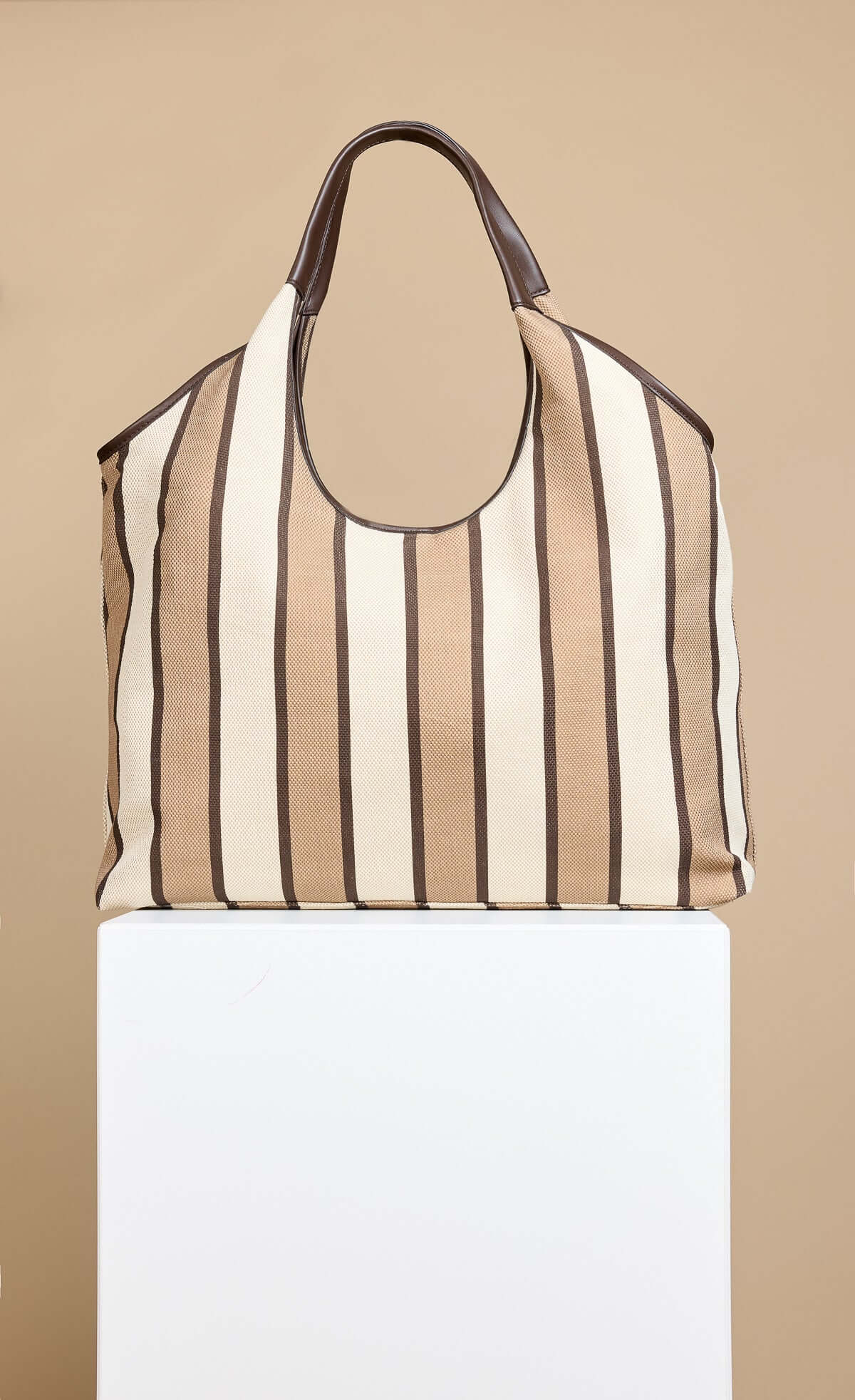 Camel & Cream Stripe Fabric Oversized Shopper Bag with stylish design and comfortable handles.