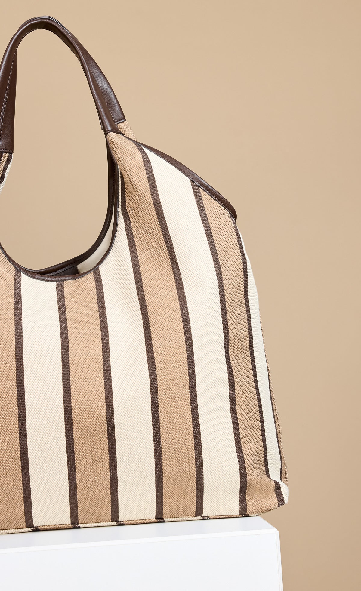 Camel & Cream Stripe Fabric Oversized Shopper Bag