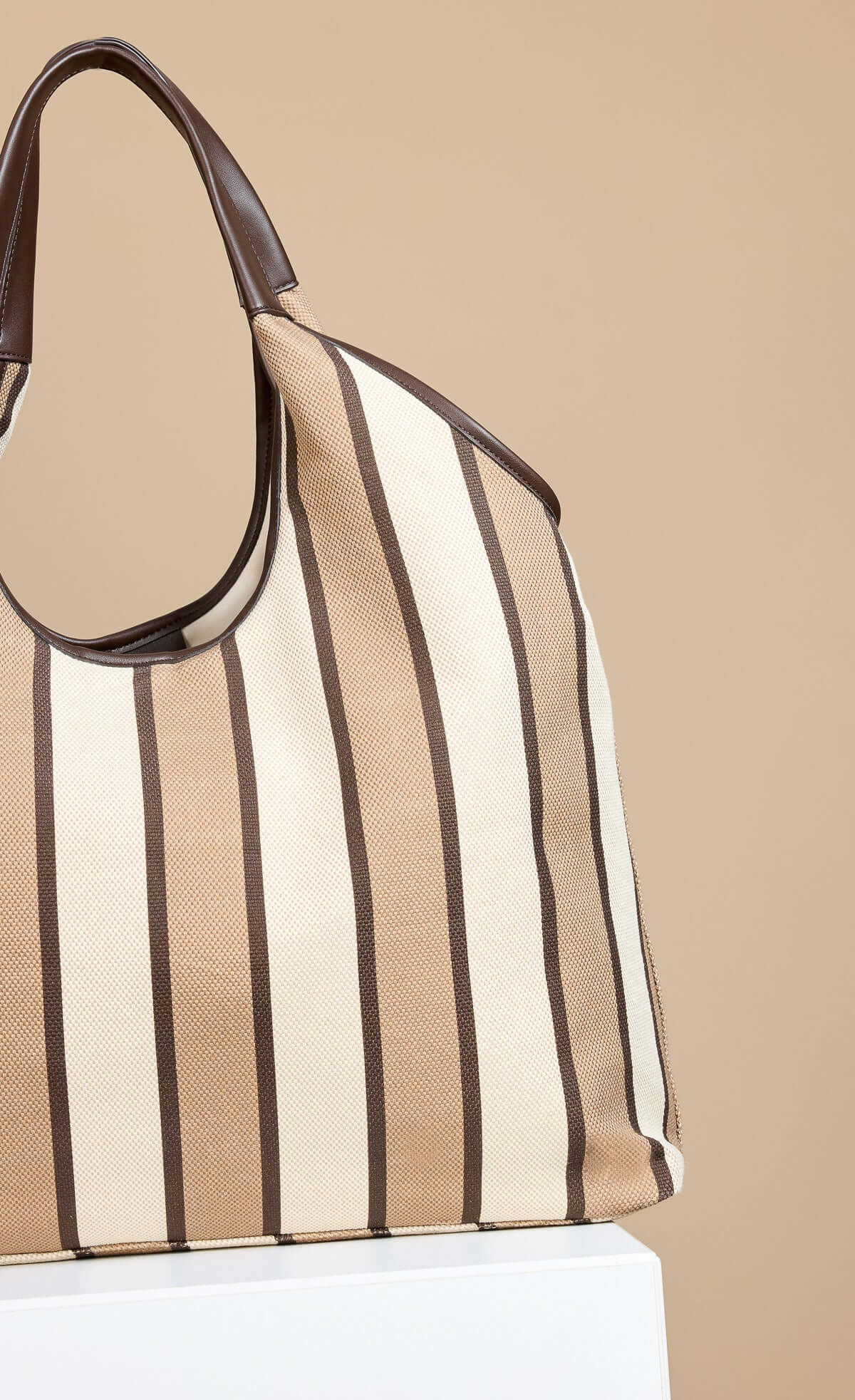Camel & Cream Stripe Fabric Oversized Shopper Bag with stylish design and brown accents.