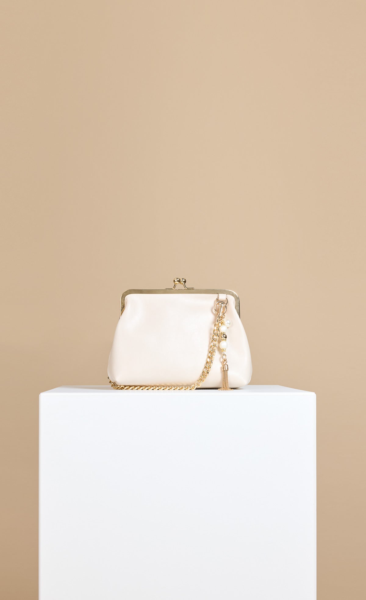 Ecru Faux Leather Metal Frame Shoulder Bag