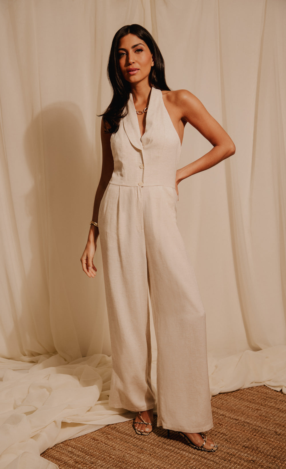 Cream Halter Neck Jumpsuit With Linen