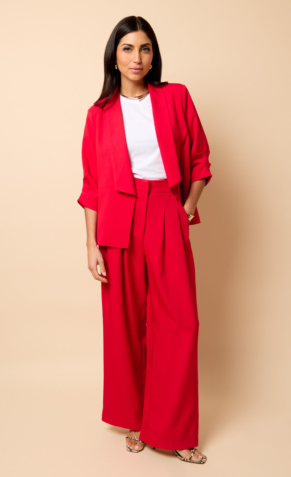 Red Crinkle Wide Leg Trousers by Vicky Pattison