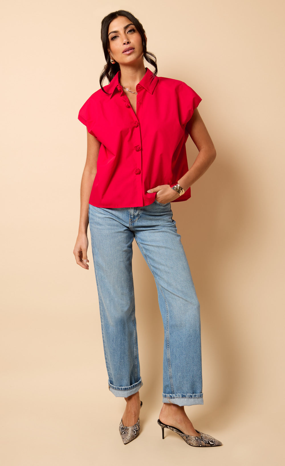 Red Poplin Cotton Shirt by Vicky Pattison