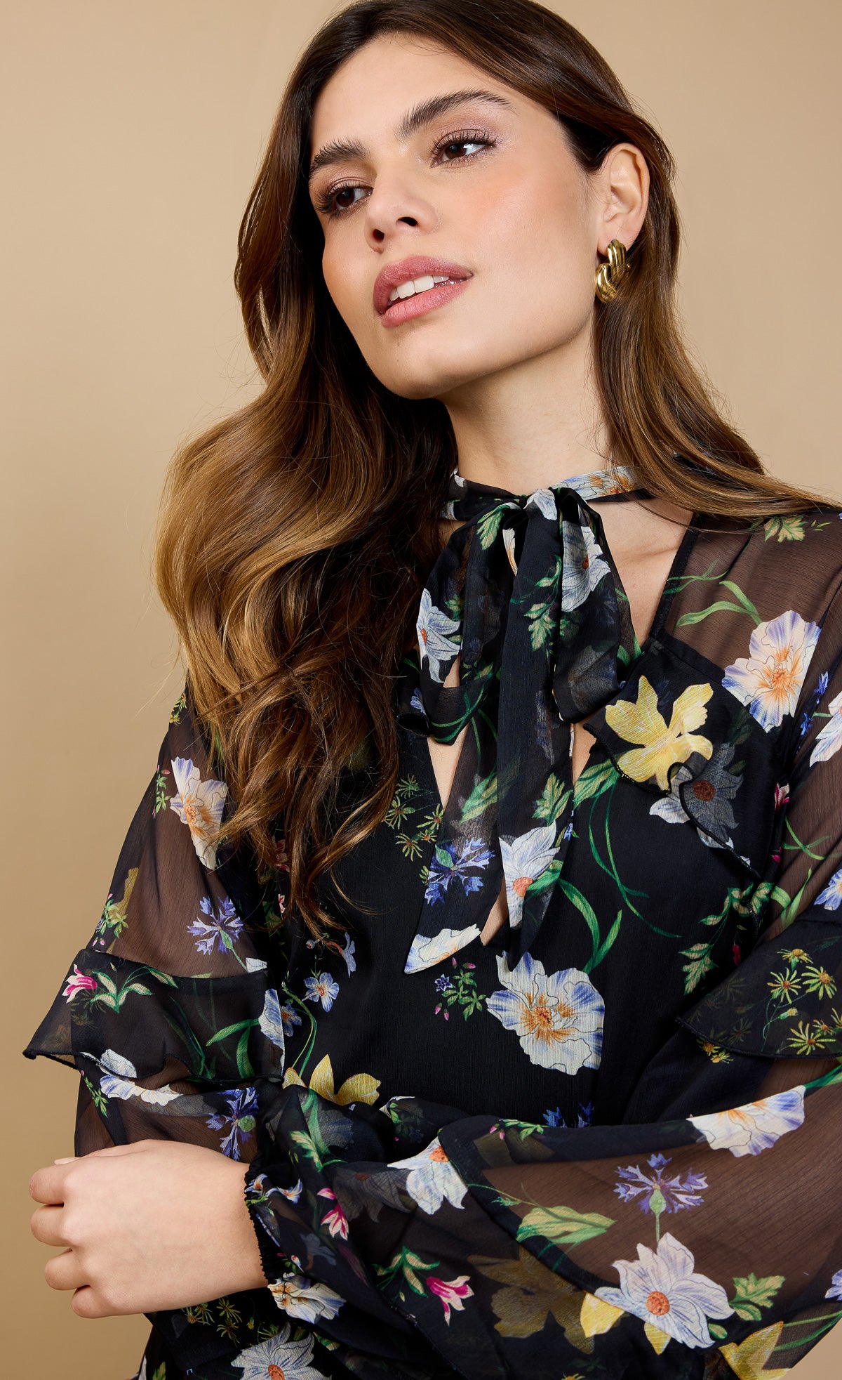 Liora Black Floral Print Frill Midaxi Dress