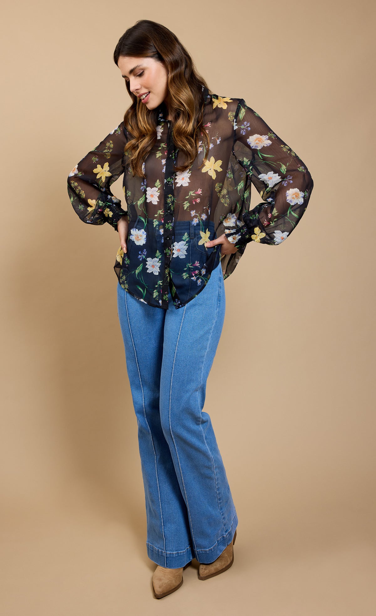 Portia Black Floral Print Chiffon Shirt