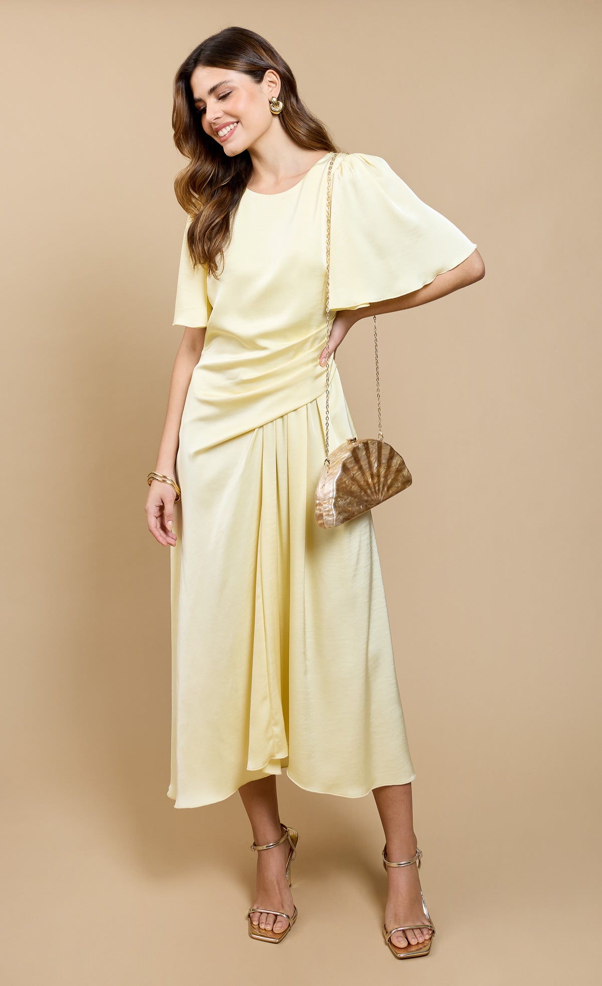 Lemon Satin Gathered Midaxi Dress by Vicky PattisonDressesSatin DressLittle Mistress
