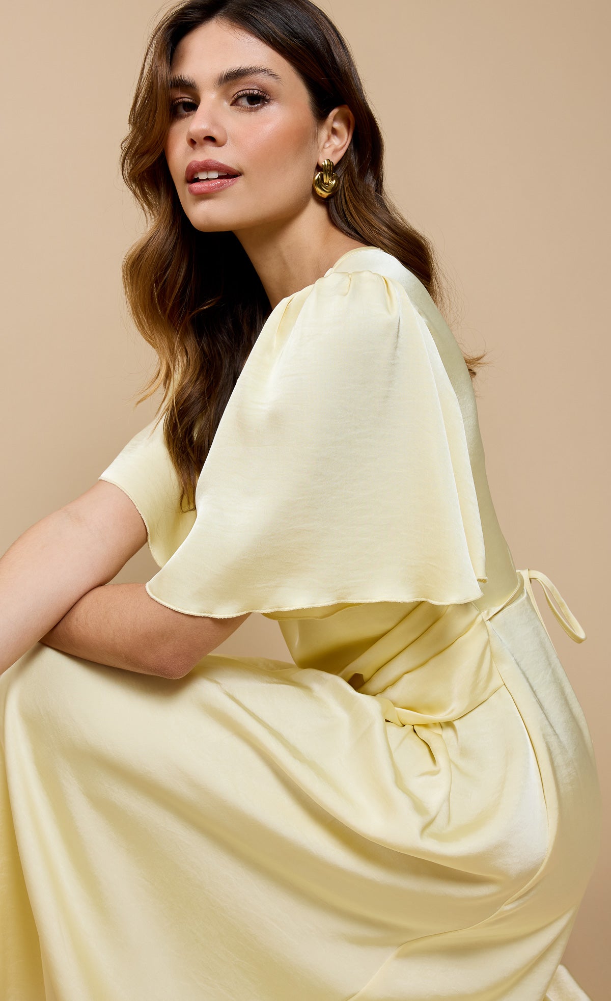Lemon Satin Gathered Midaxi Dress by Vicky PattisonDressesSatin DressLittle Mistress