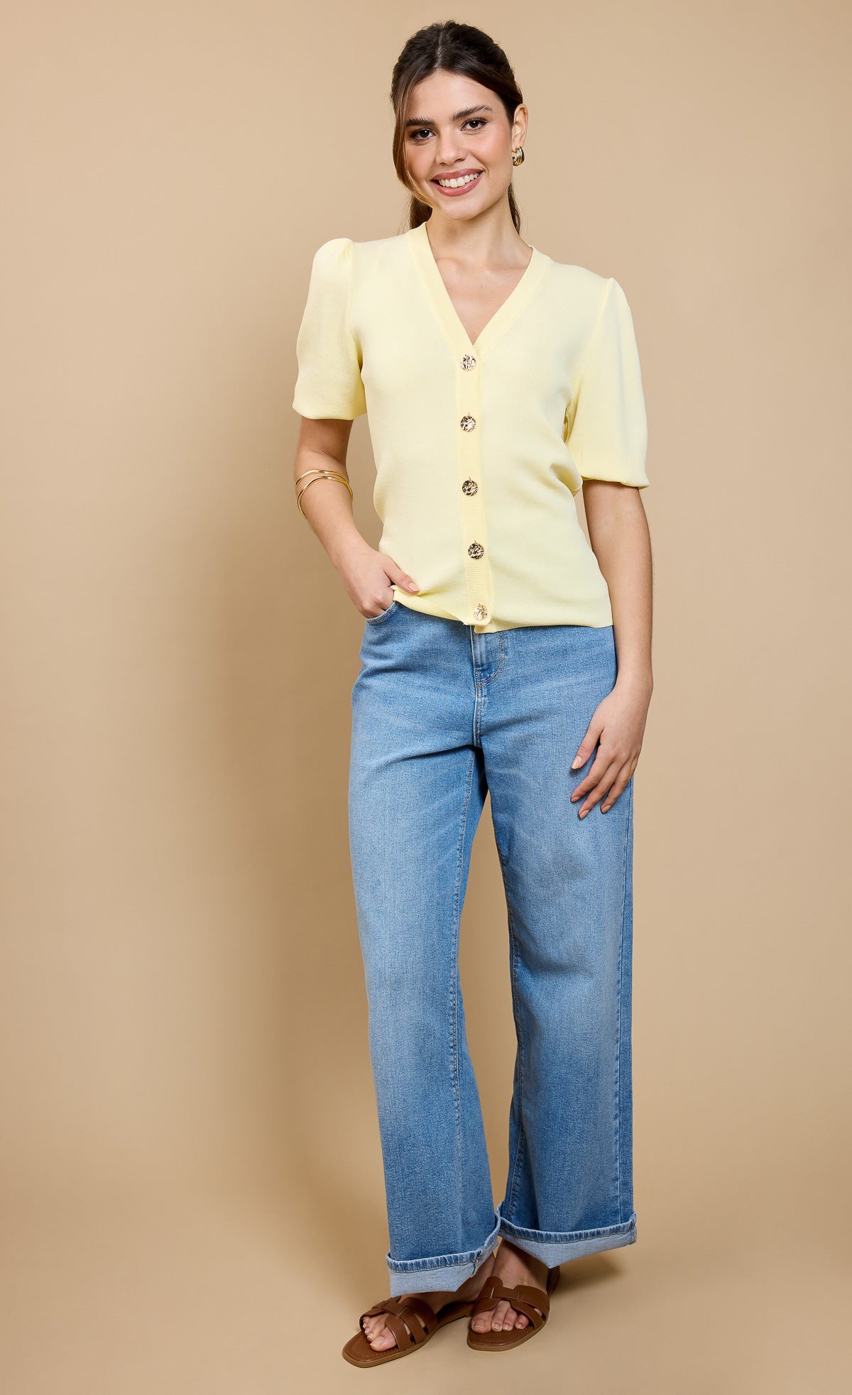 Lemon Puff Sleeve Cardigan by Vicky Pattison