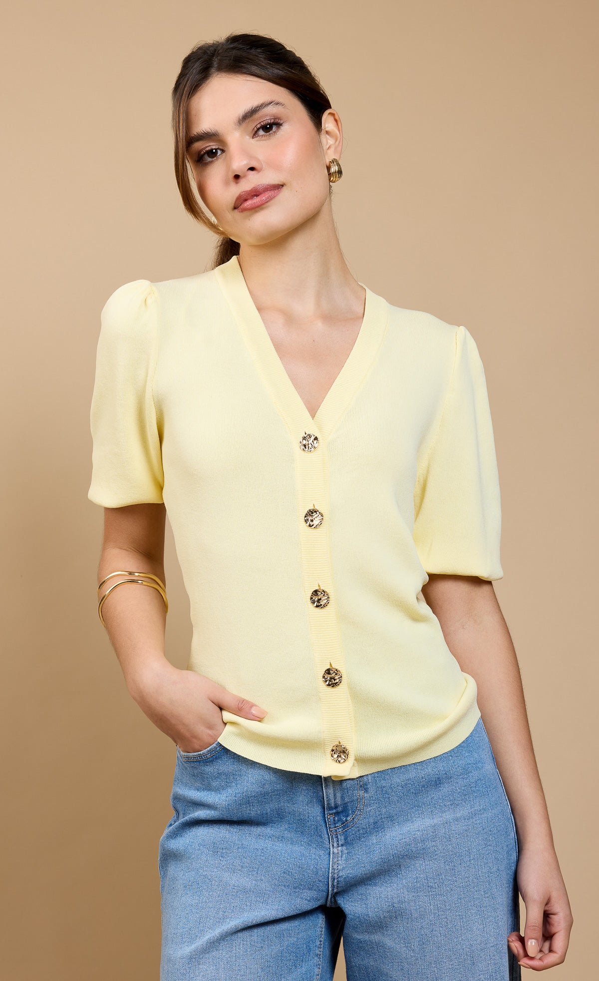 Lemon Puff Sleeve Cardigan by Vicky Pattison