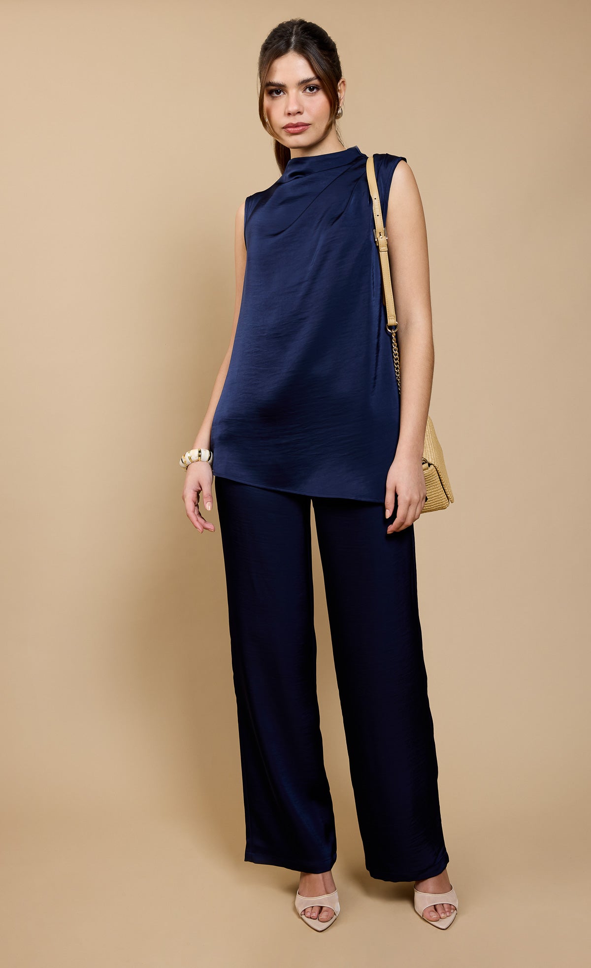 Navy Satin Asymmetric Drape Top by Vicky PattisonBlousesAsymmetric TopLittle Mistress