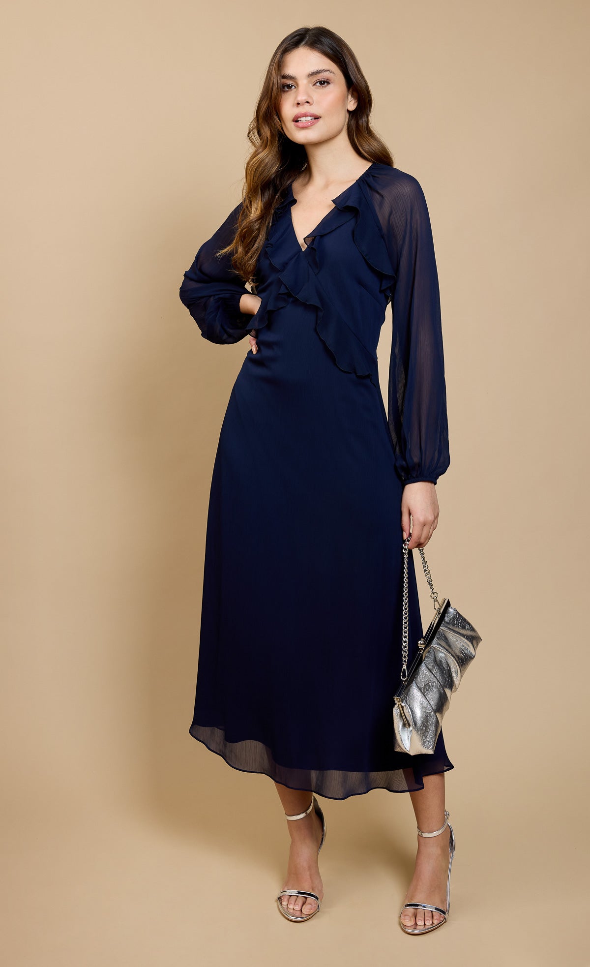 Navy Frill Midaxi Dress by Vicky Pattison featuring a flowing silhouette, perfect for evening events.