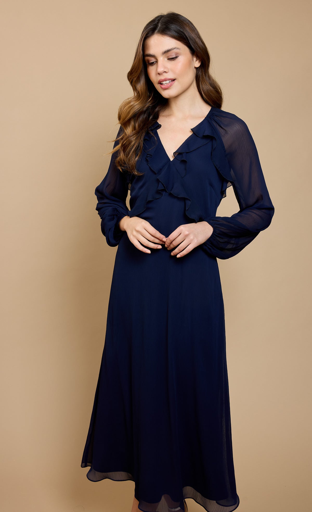 Navy Frill Midaxi Dress by Vicky Pattison showcasing a flowing silhouette with ruffles, perfect for elegant occasions.