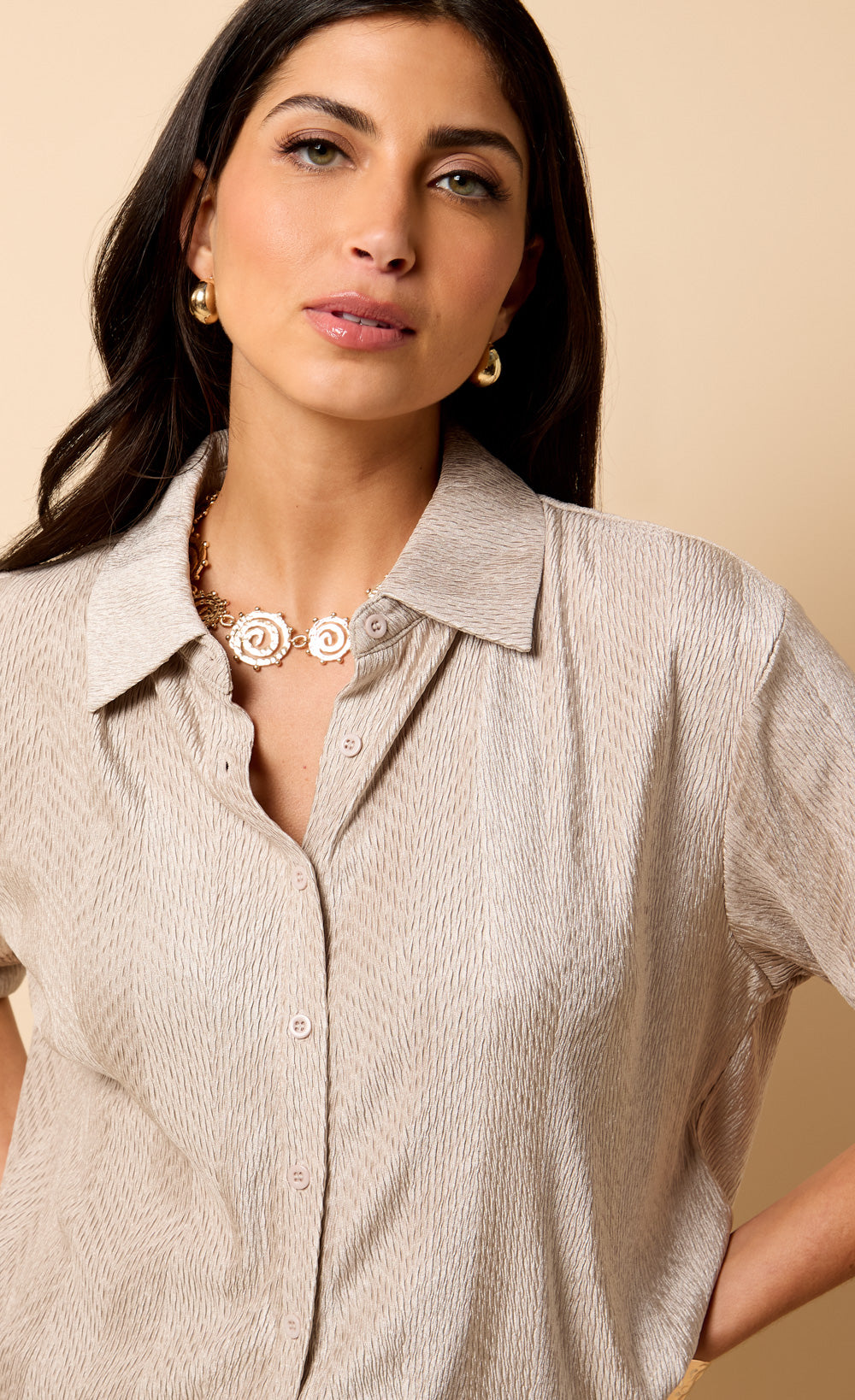 Brown Plisse Shirt by Vicky Pattison