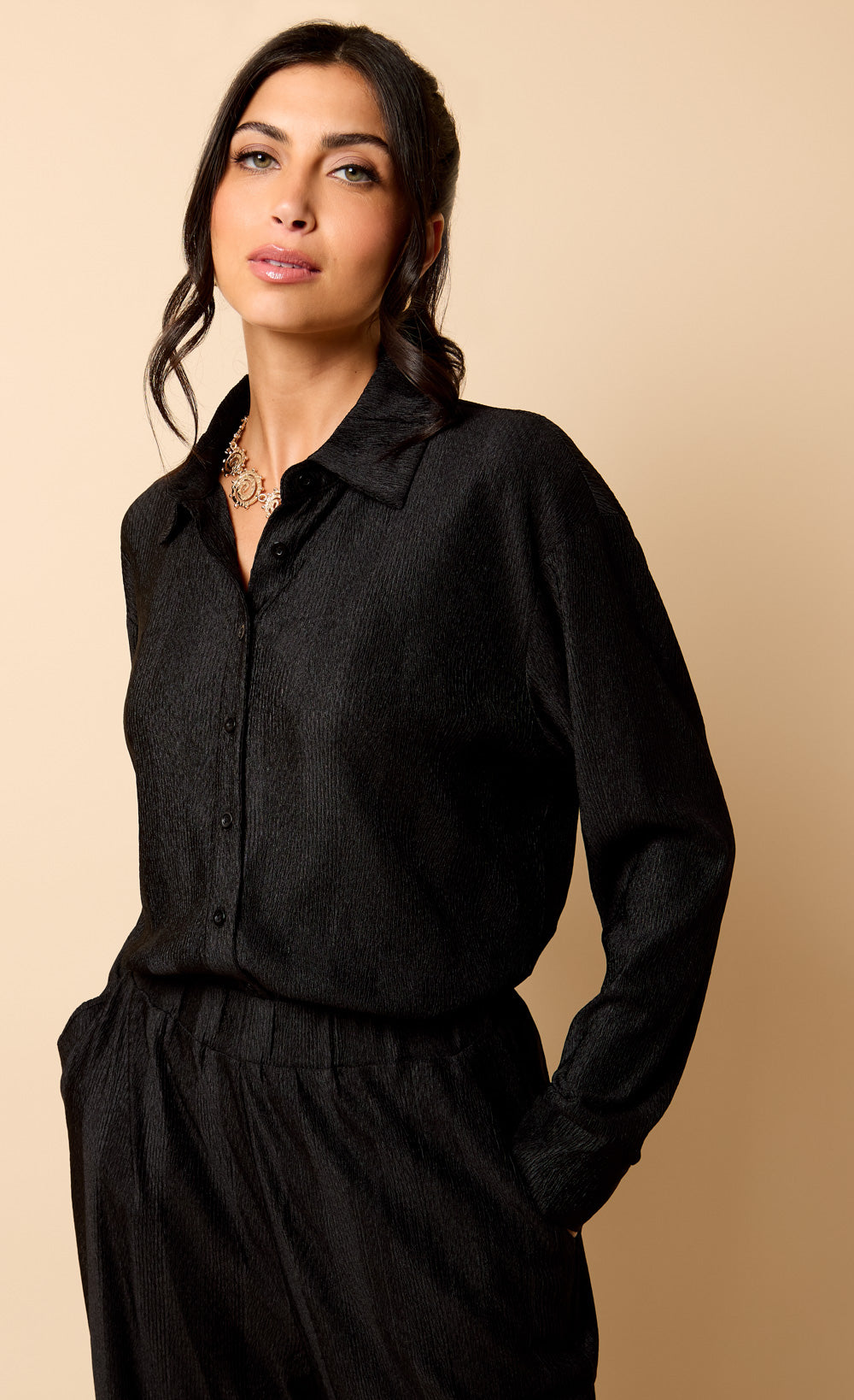 Black Plisse Shirt by Vicky Pattison