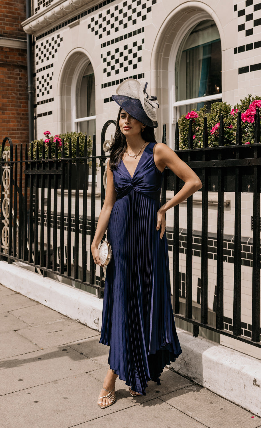 Navy Satin Pleated Midaxi Dress