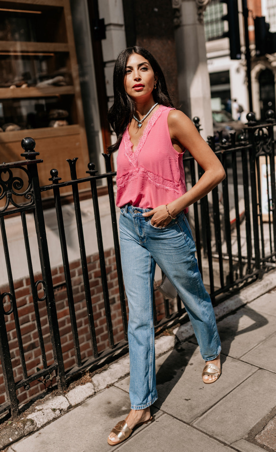 Pink Satin Lace Trim Top