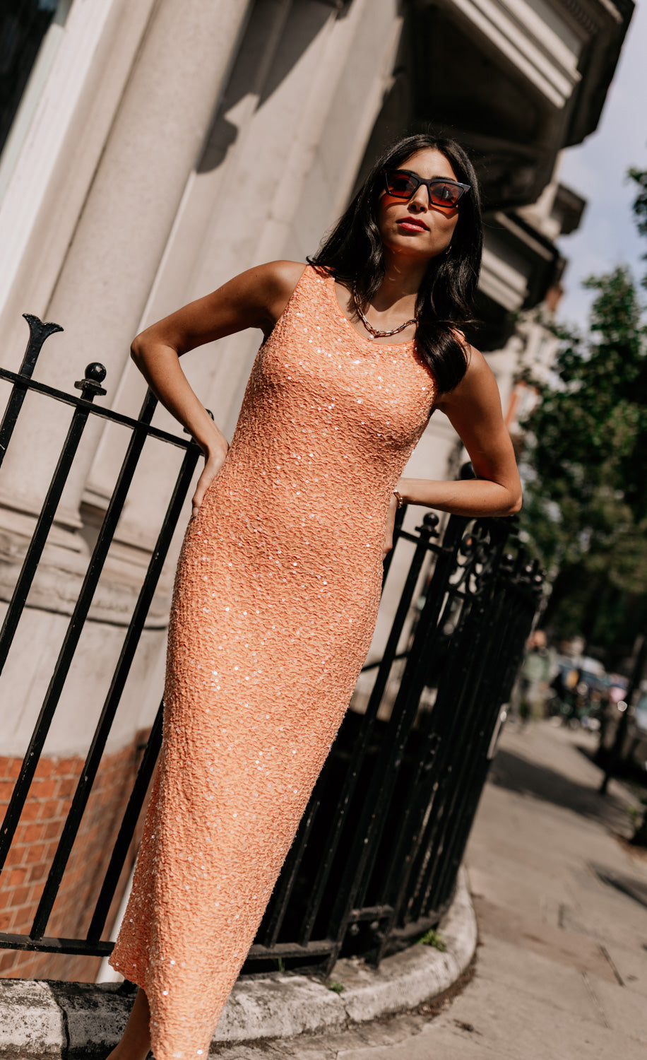 Lysia Orange Sequin Waffle Midaxi Dress