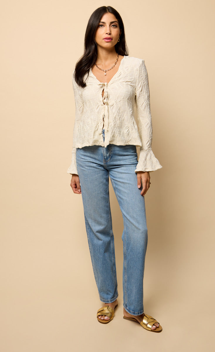 Cream Textured Tie-Up Detail Top