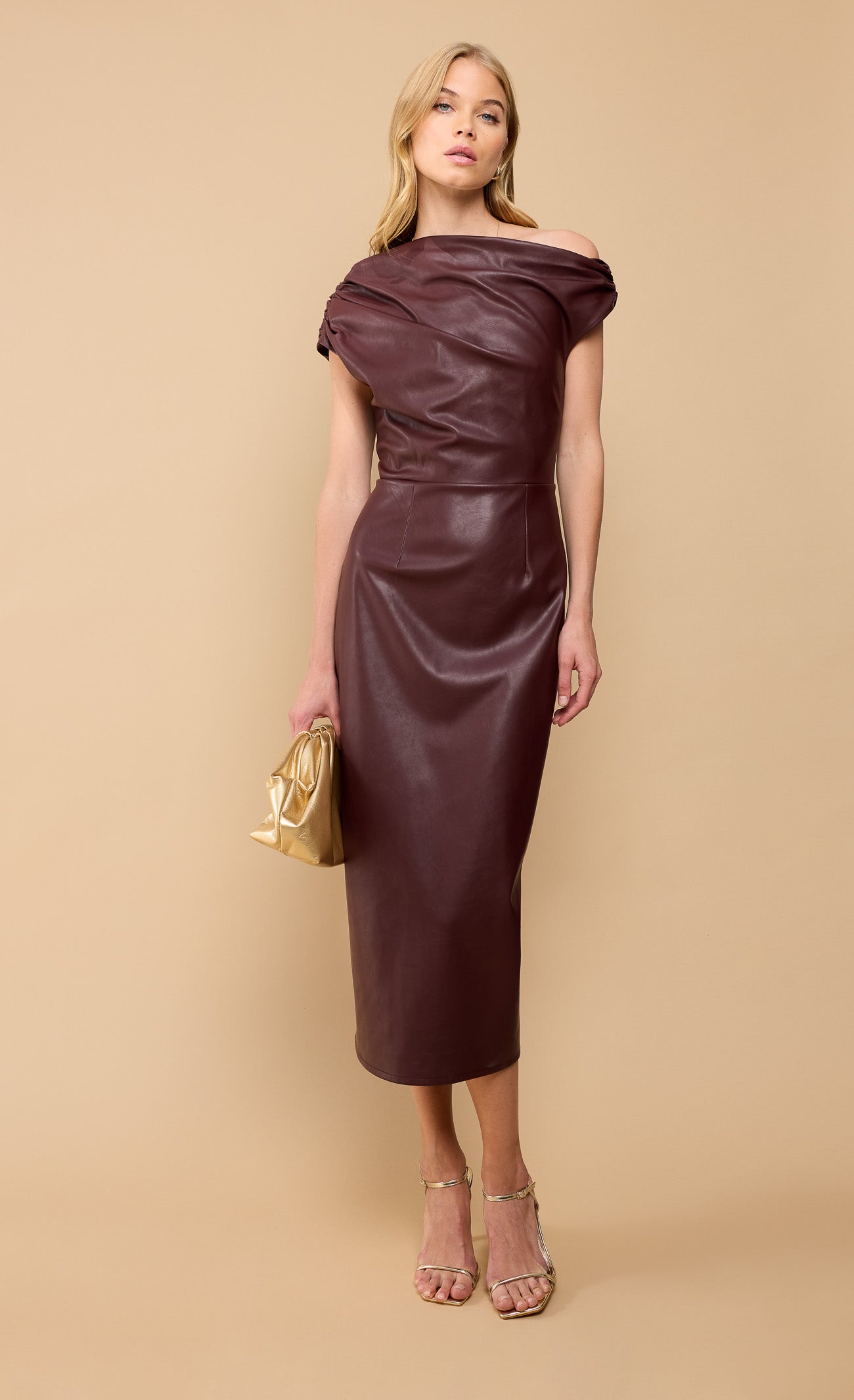 Burgundy Red PU Asymmetric Neck Midaxi Dress by Vicky Pattison