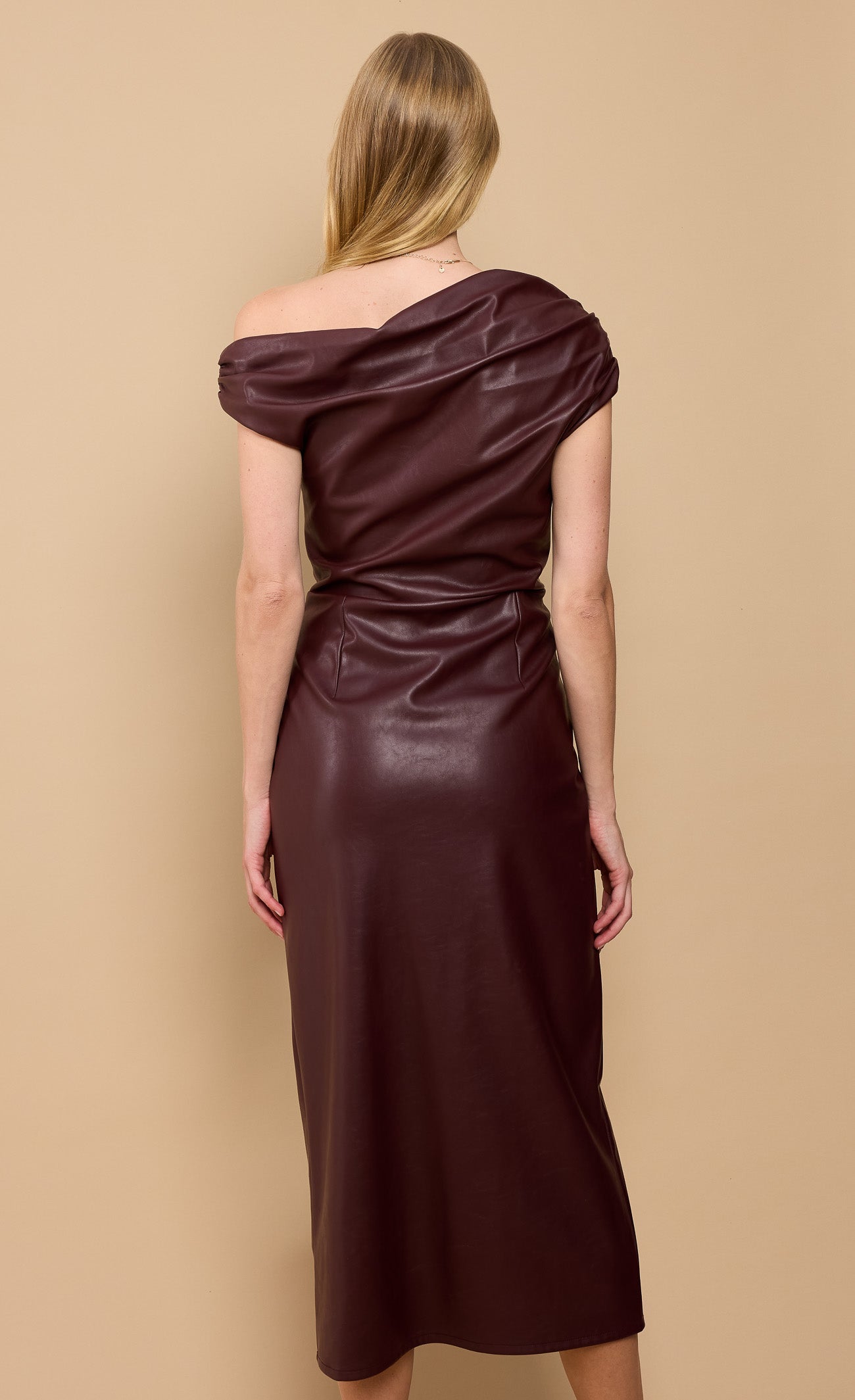 Burgundy Red PU Asymmetric Neck Midaxi Dress by Vicky Pattison