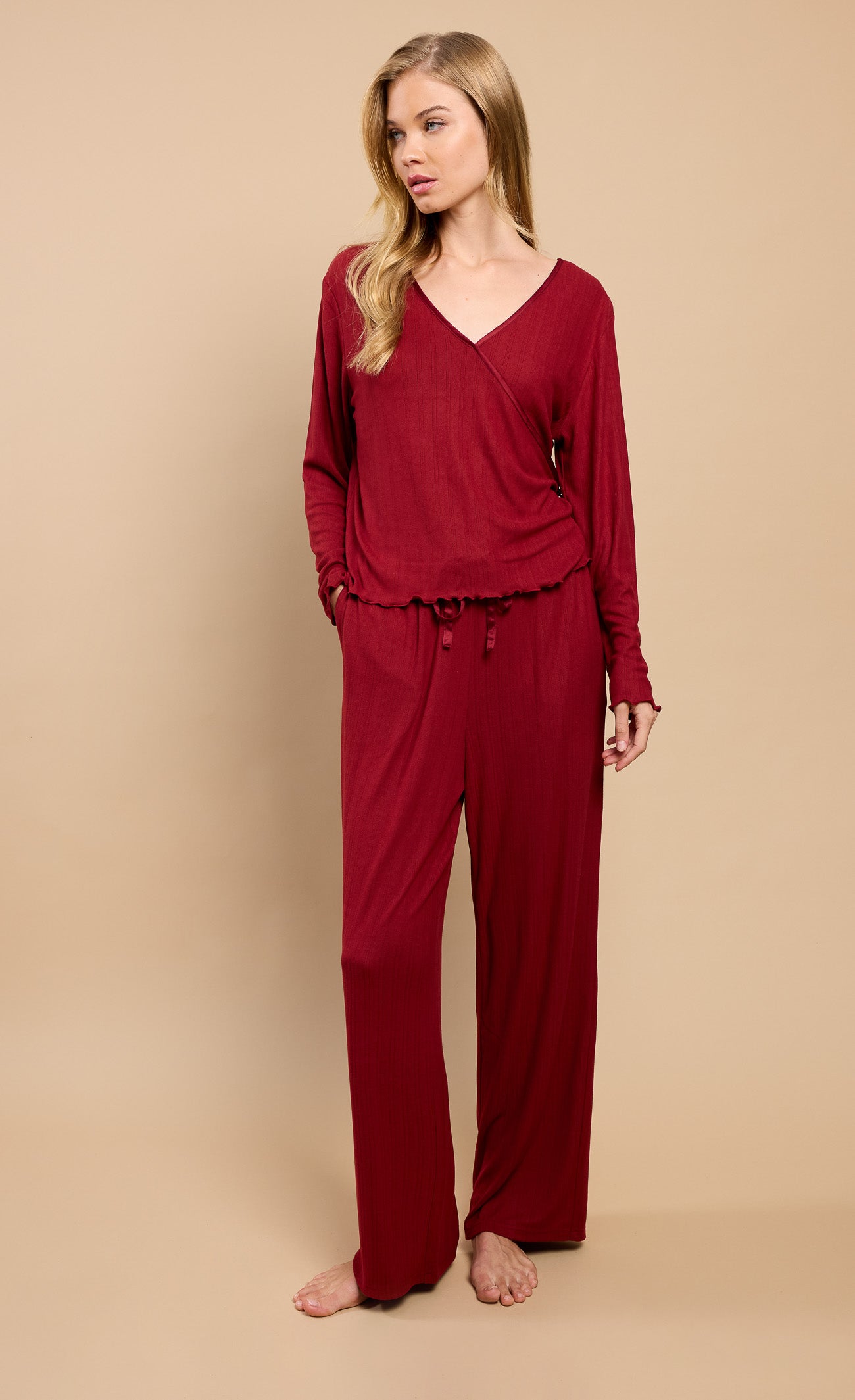 Burgundy Pointelle Wrap Top and Trouser Lounge Set by Vicky Pattison