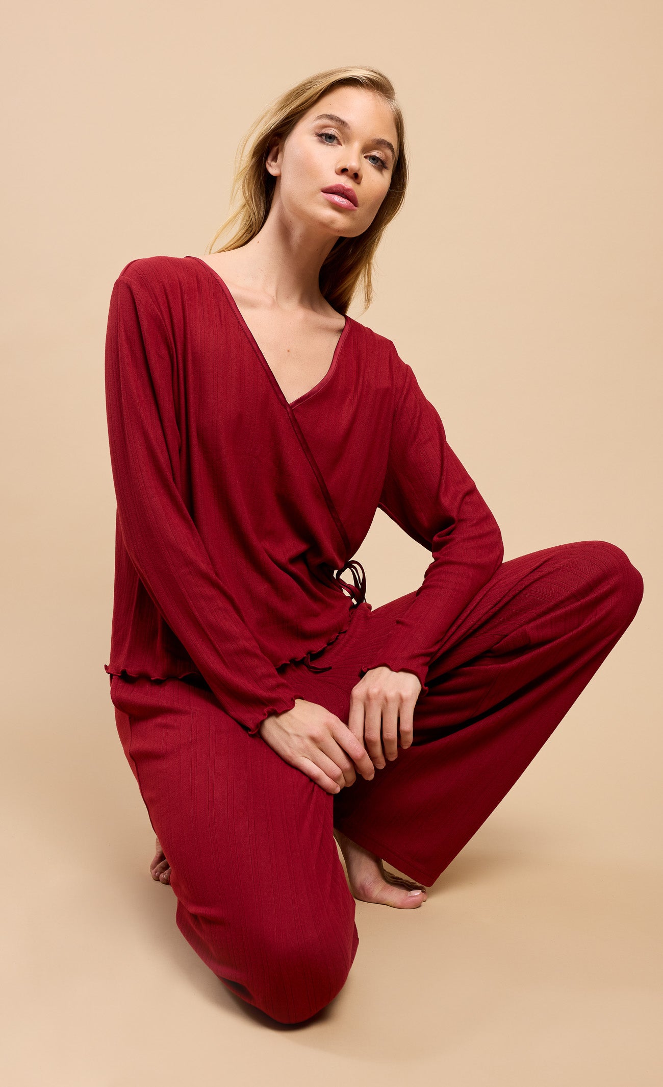 Burgundy Pointelle Wrap Top and Trouser Lounge Set by Vicky Pattison