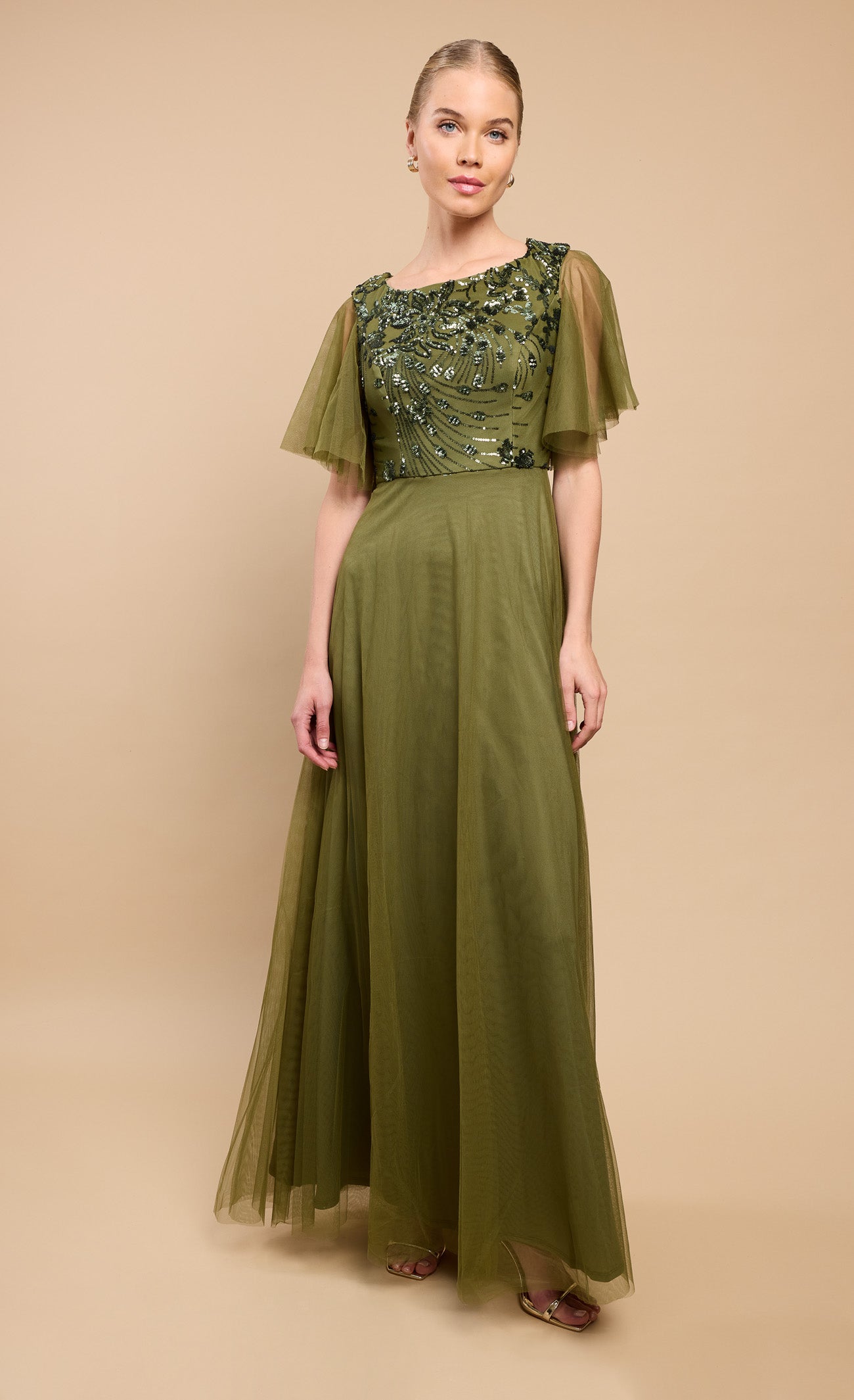 Valentina Khaki Green Angel Sleeve Sequin Maxi Dress