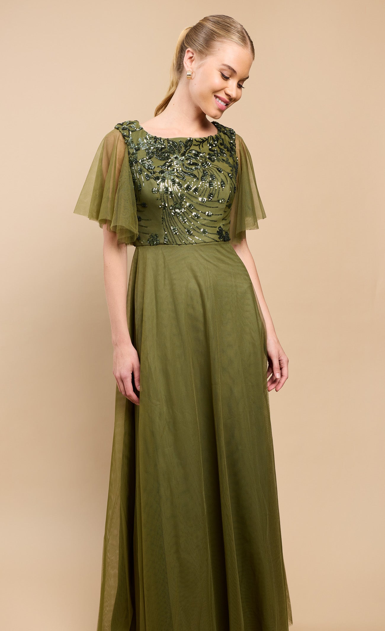 Valentina Khaki Green Angel Sleeve Sequin Maxi Dress