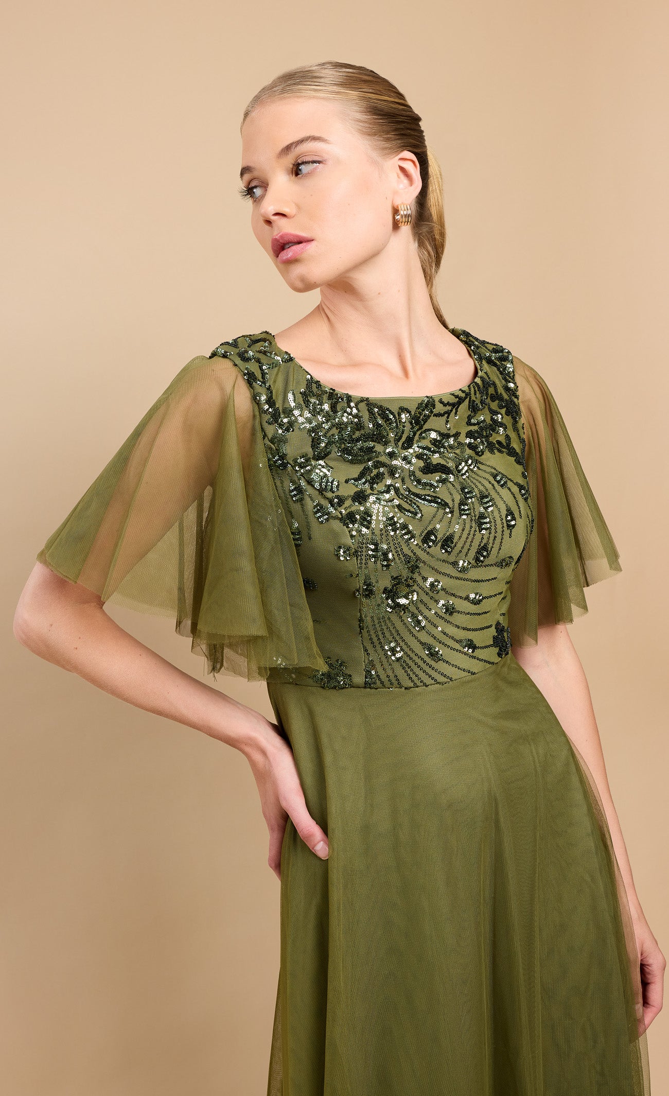 Valentina Khaki Green Angel Sleeve Sequin Maxi Dress