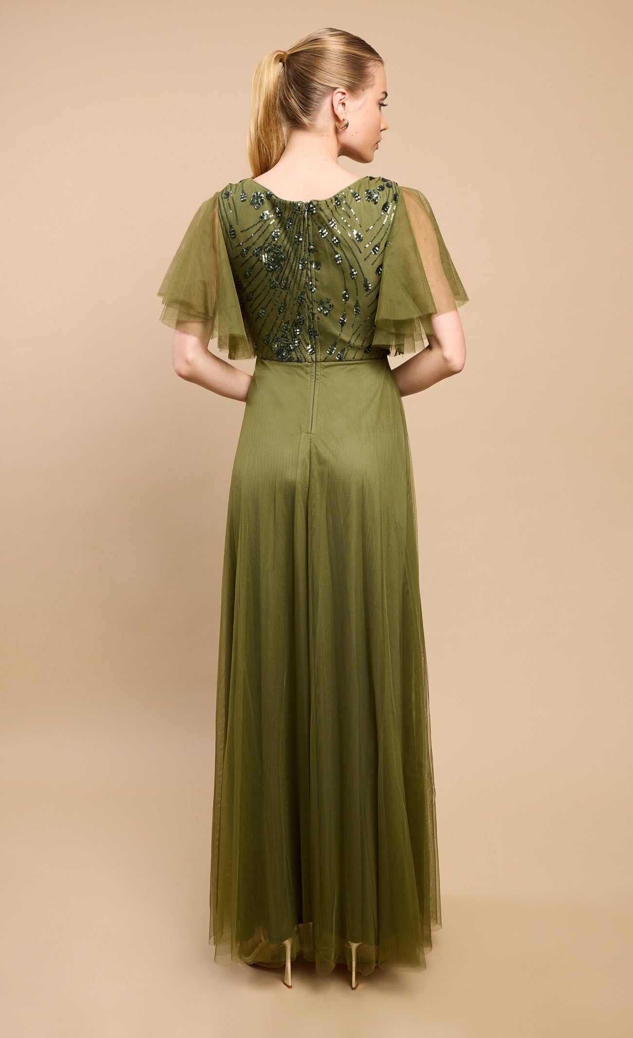 Valentina Khaki Green Angel Sleeve Sequin Maxi Dress