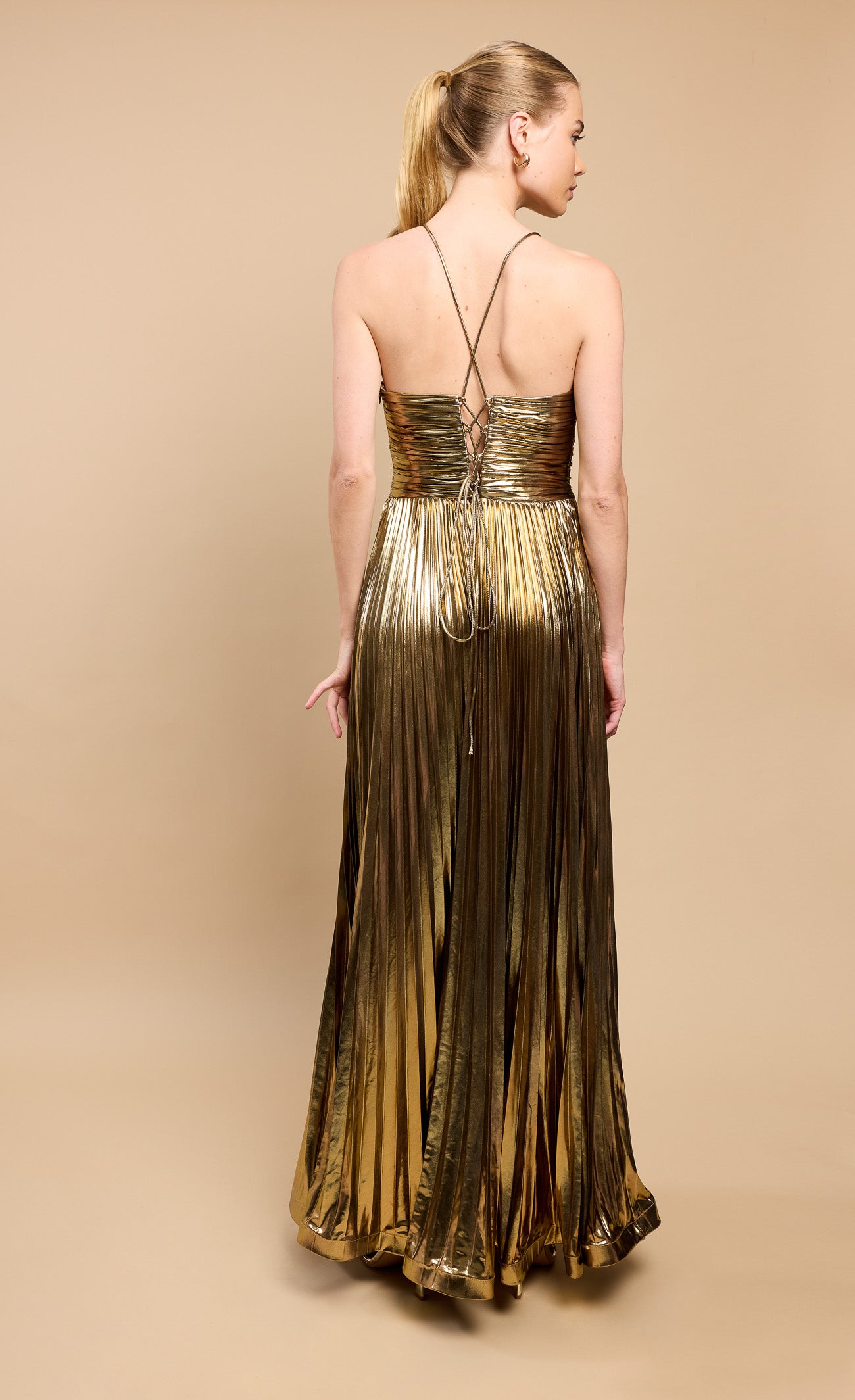 Valencia Gold Metallic Pleated Maxi Dress