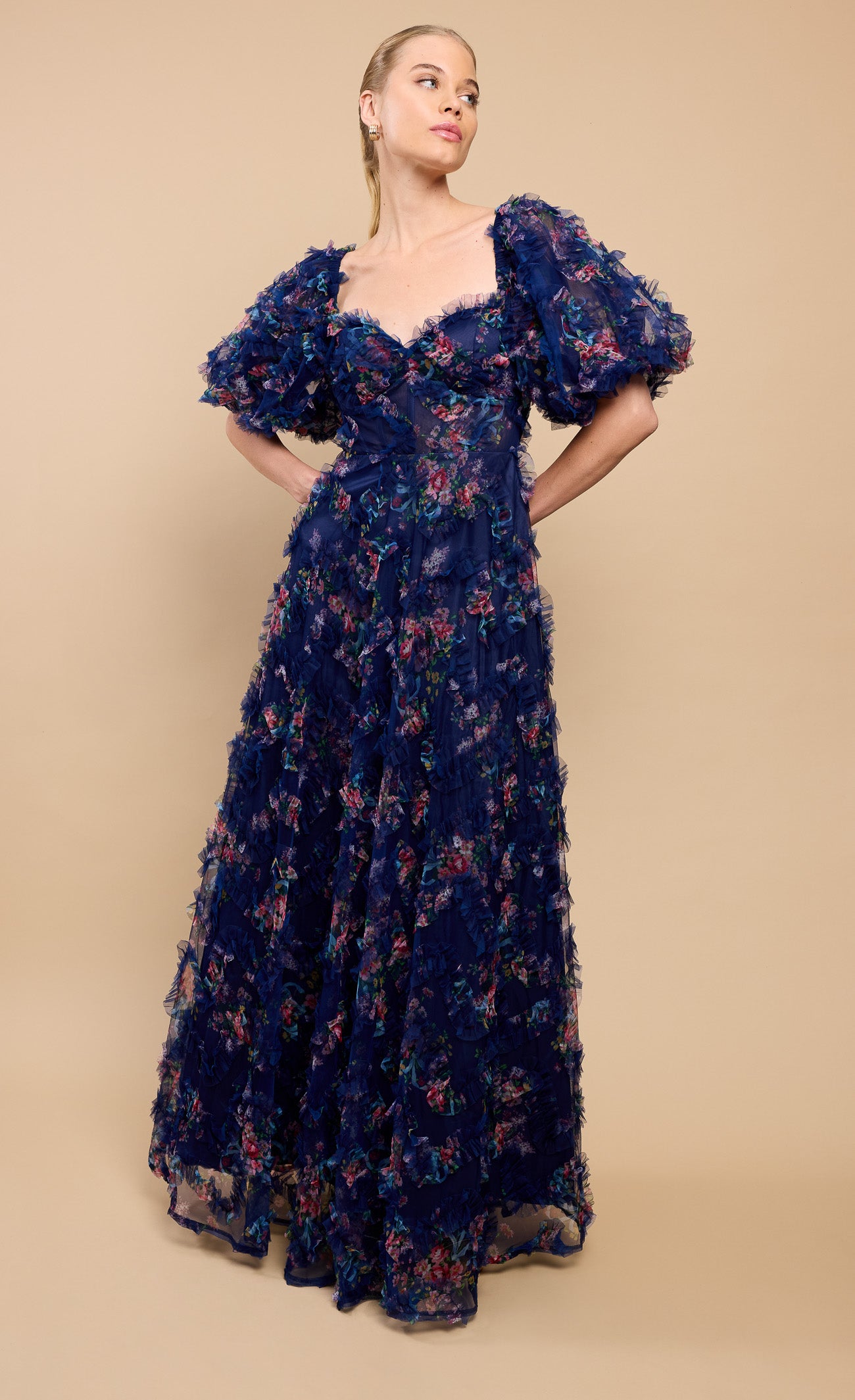 Vesper Navy Floral Print Ruffle Maxi Dress