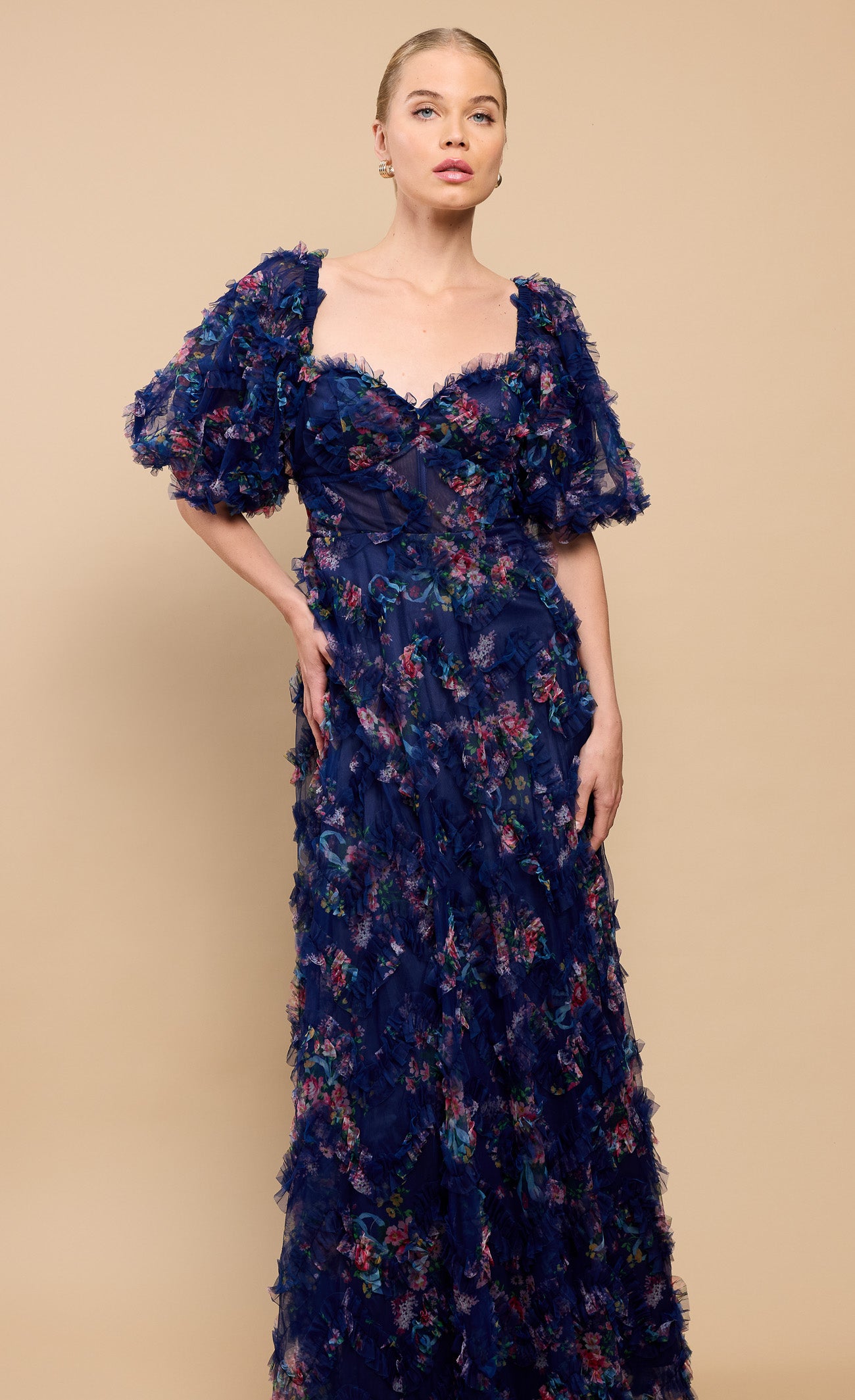 Vesper Navy Floral Print Ruffle Maxi Dress