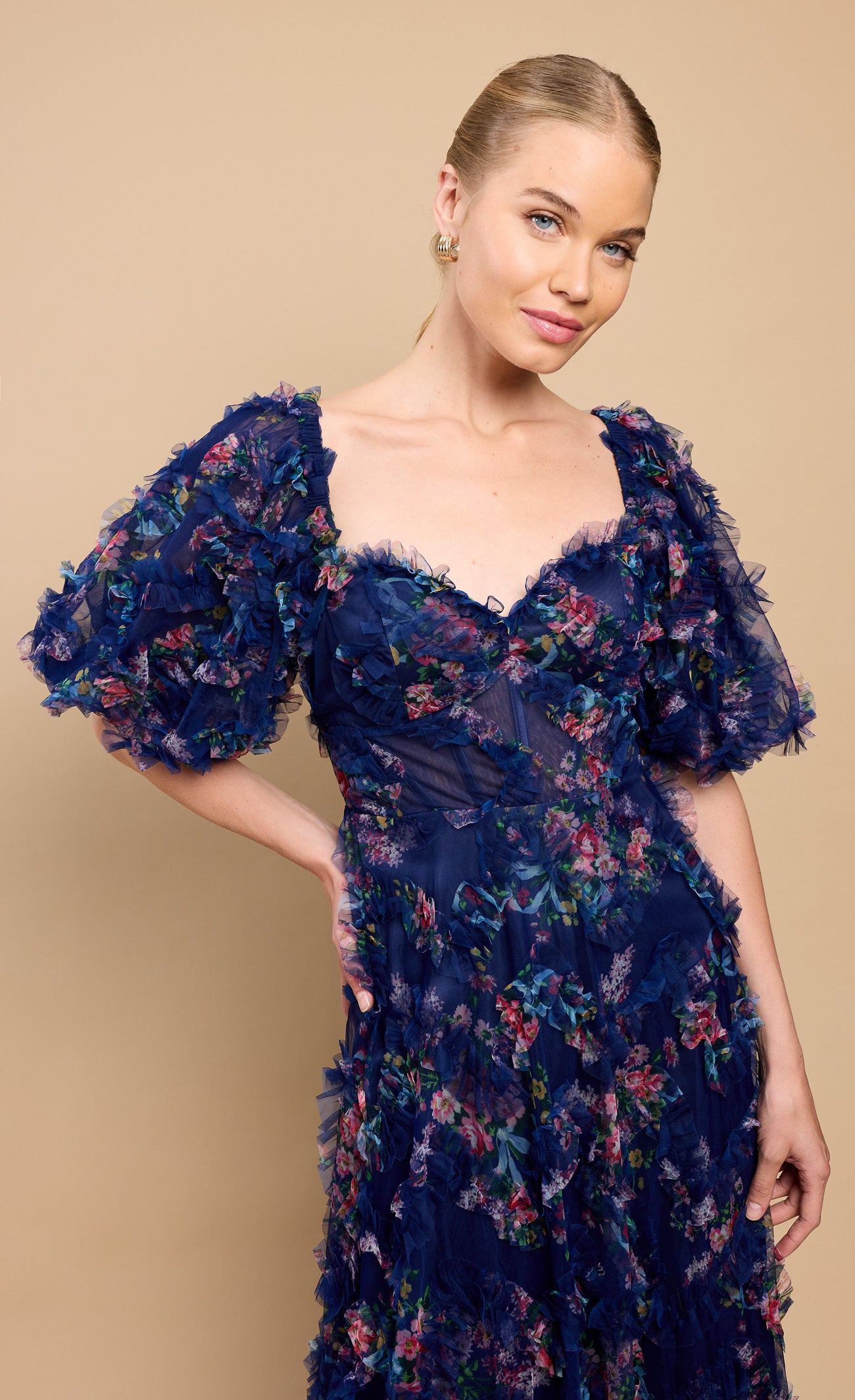 Vesper Navy Floral Print Ruffle Maxi Dress