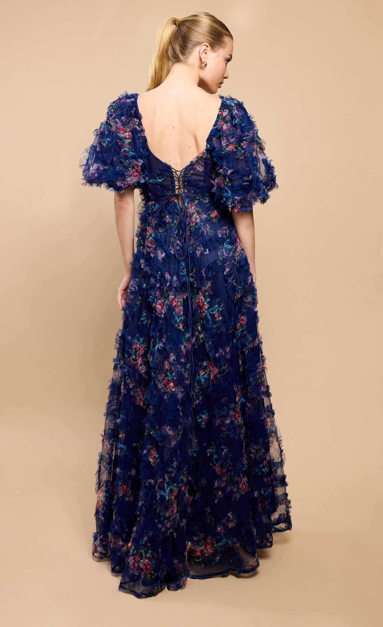 Vesper Navy Floral Print Ruffle Maxi Dress