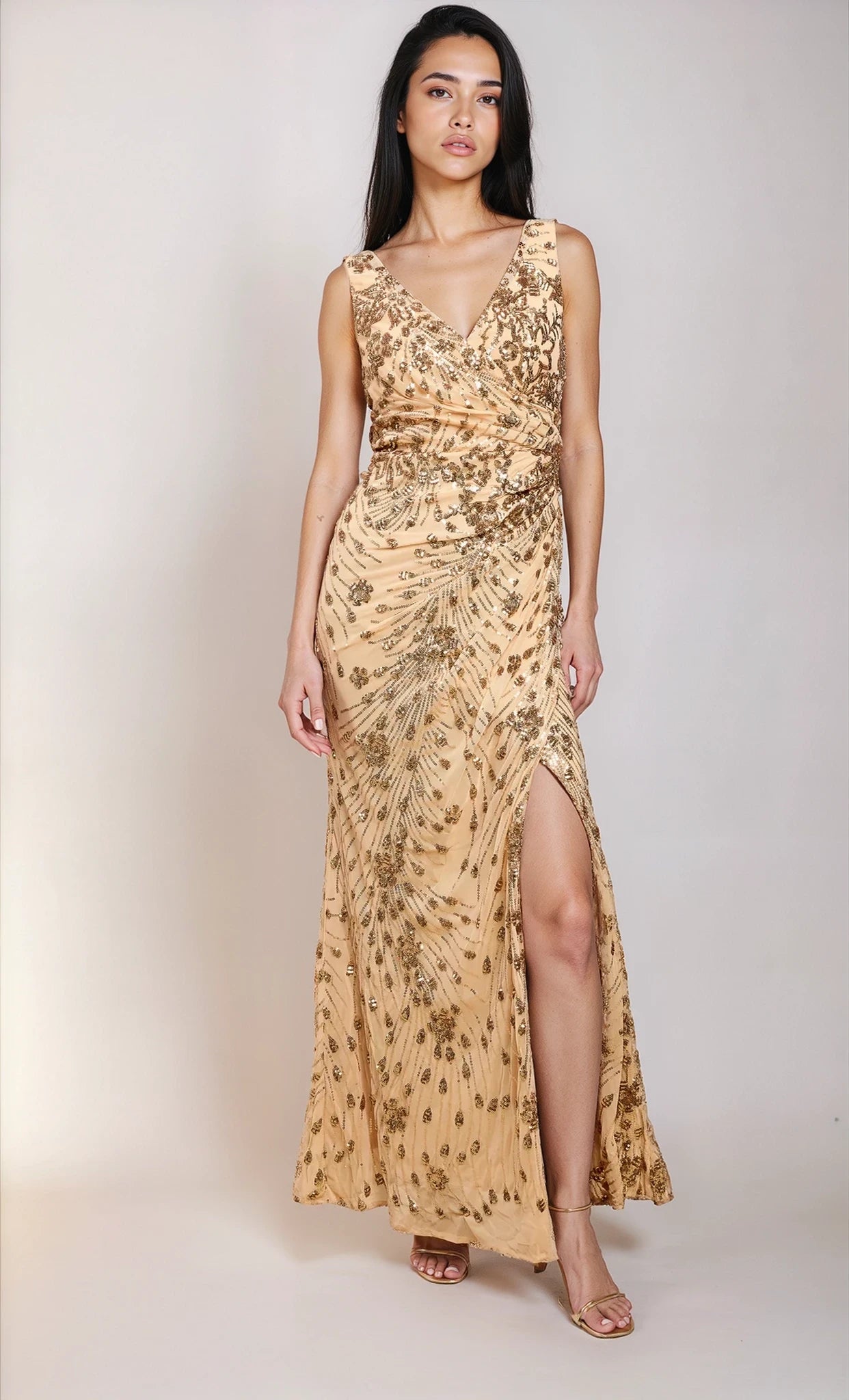 Nadia Gold Sequin Embellished Side Gather Maxi Dress