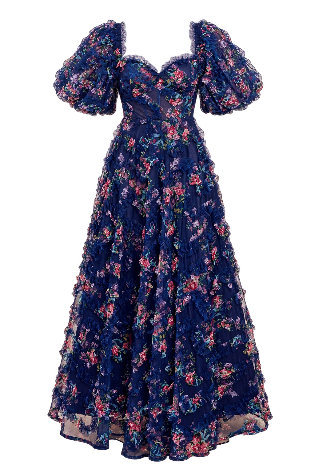 Vesper Navy Floral Print Ruffle Maxi Dress