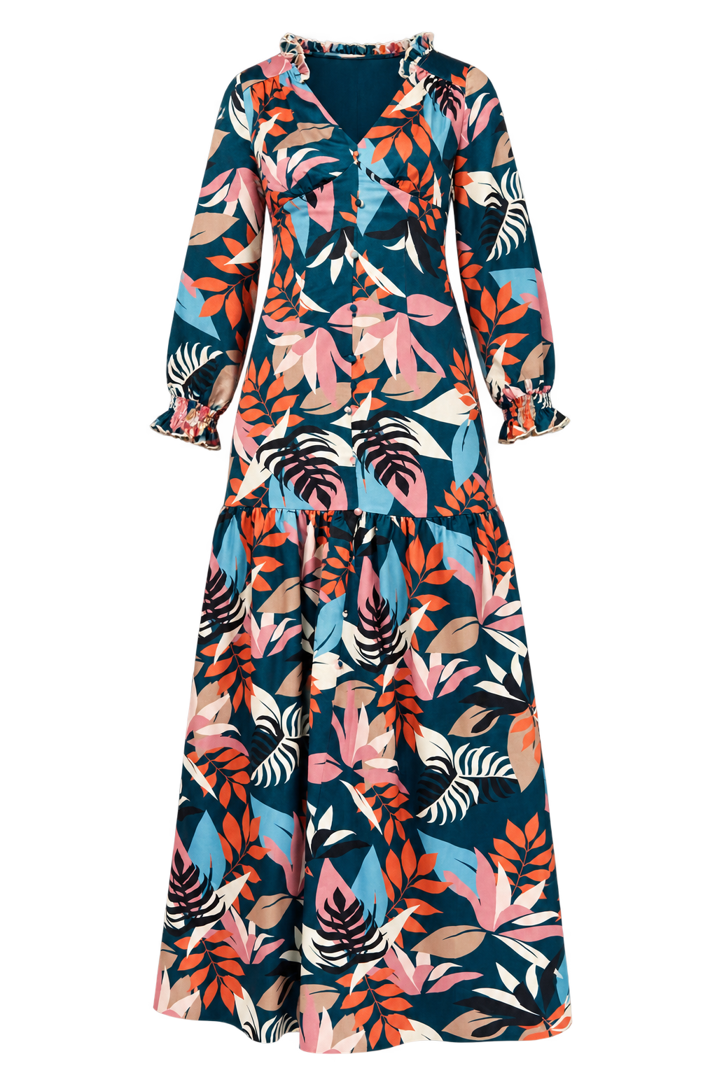 Barcelona Leaf Print Satin Frill Maxi Dress