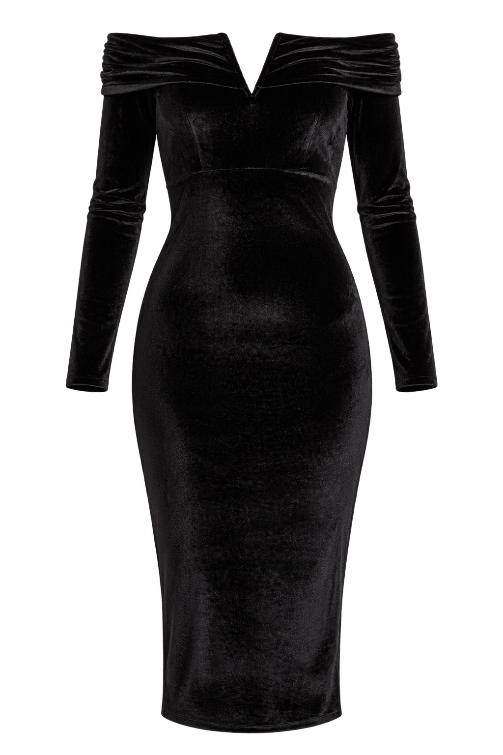 Bridget Black Velvet Bardot Long Sleeve Bodycon Midi Dress