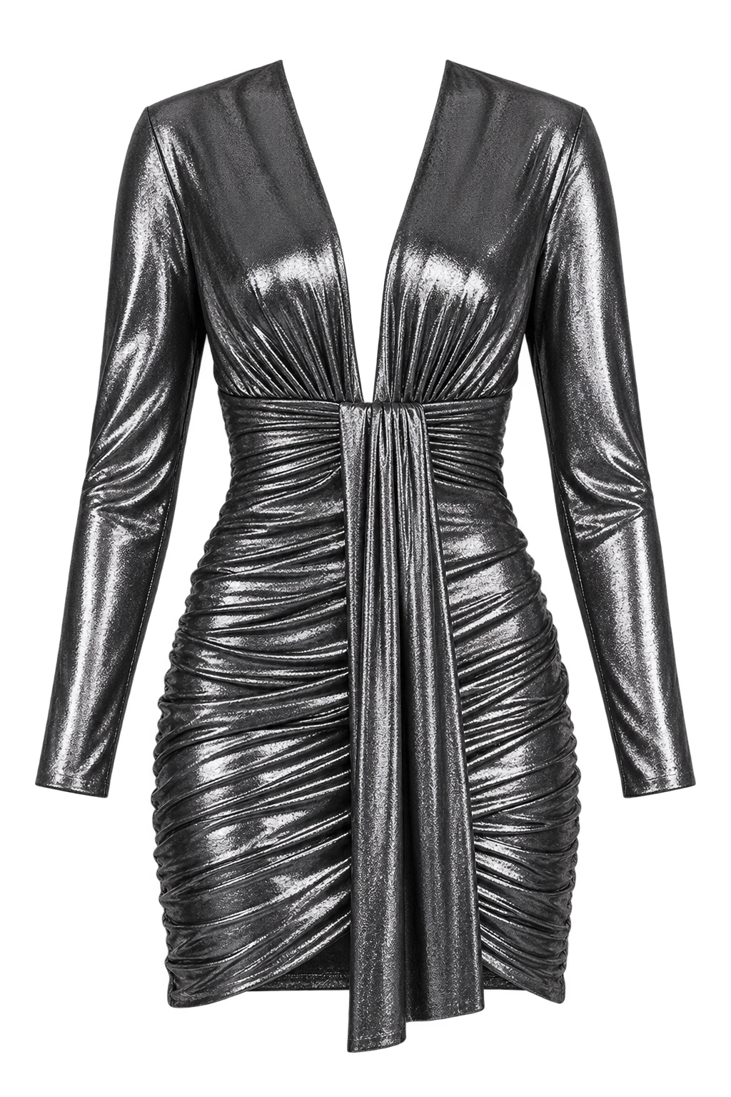 Helen Gunmetal Grey Foil Draped Plunge Mini Dress by Chloe Lewis