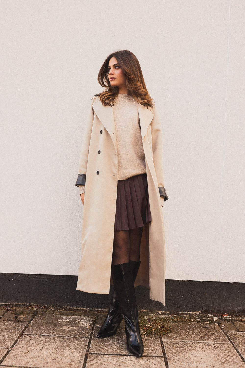 Katya Camel PU Contrast Trim Trench Coat in the Little Mistress AW campaign