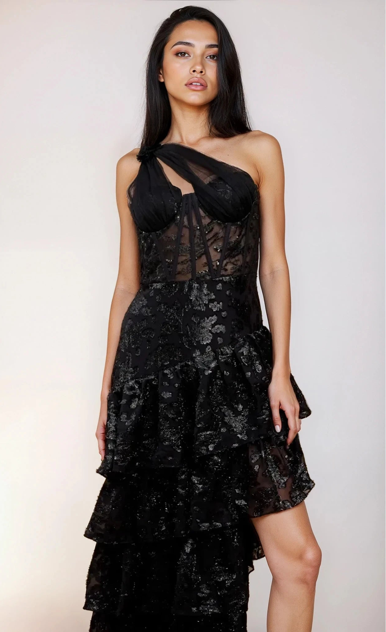 Viviana Black Tiered Ruffle One Shoulder Sequin Maxi Dress