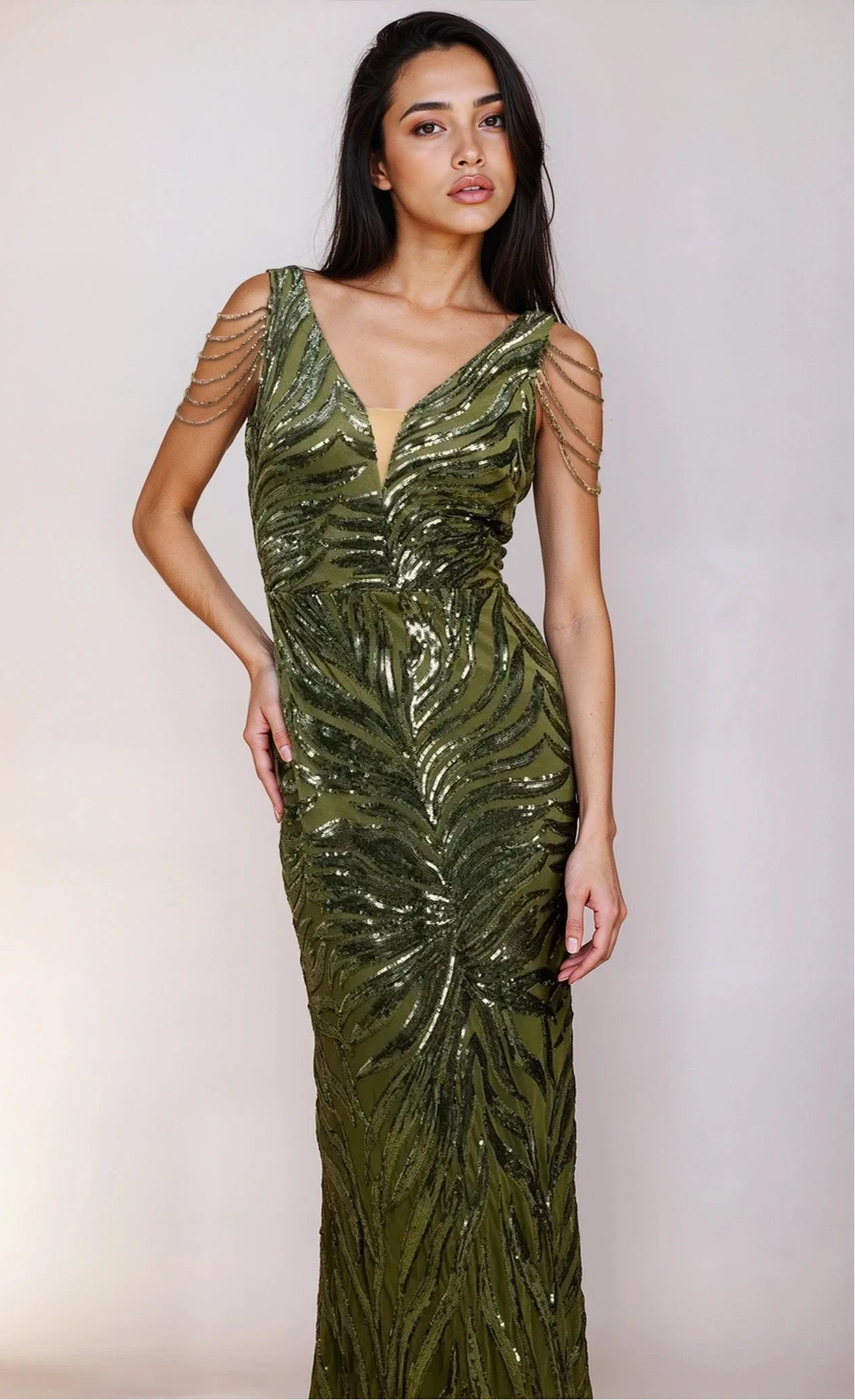 Violette Khaki Sequin Fishtail Maxi Dress
