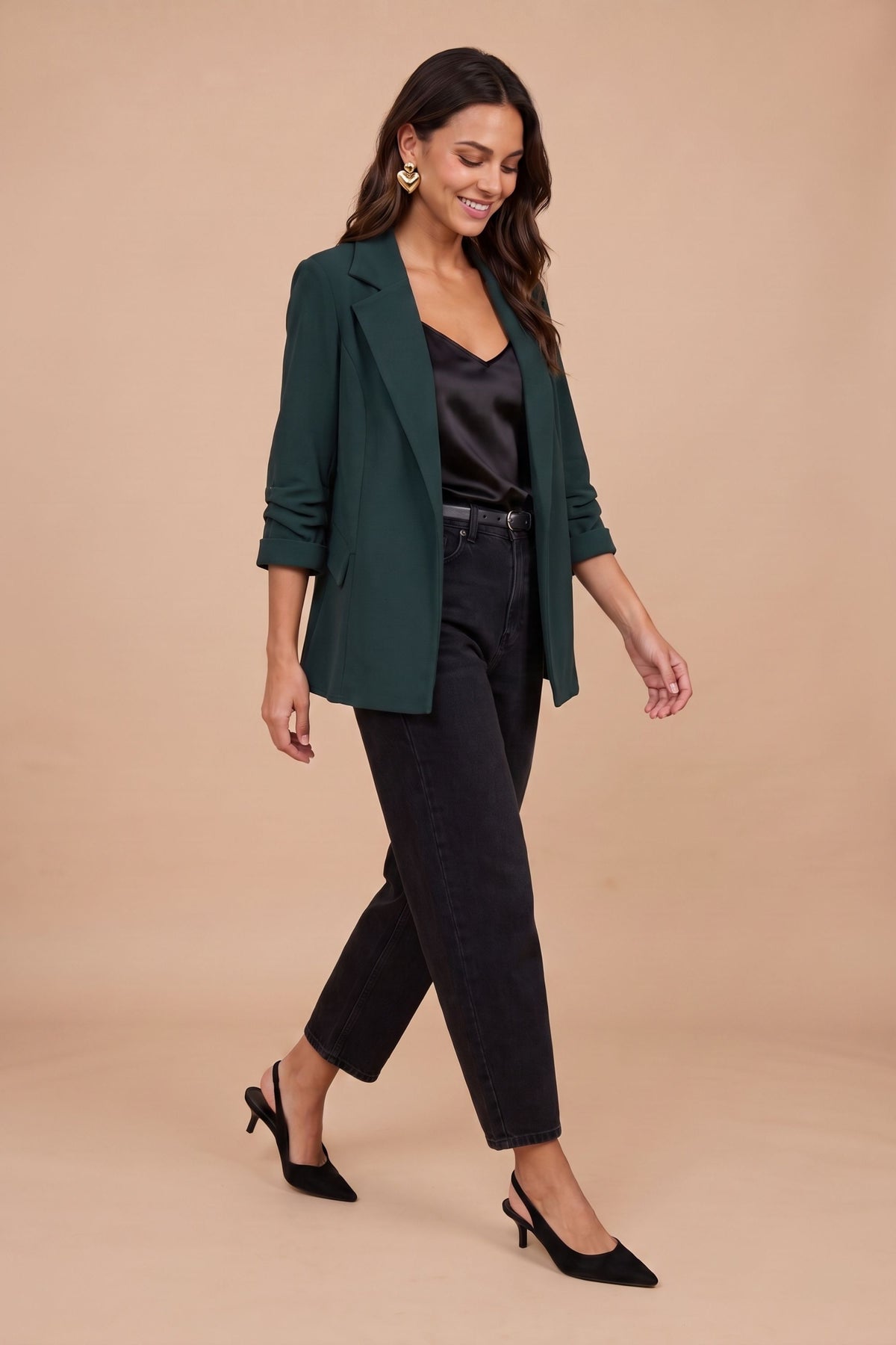 Sofia Bottle Green Ruched Sleeve Relaxed Blazer