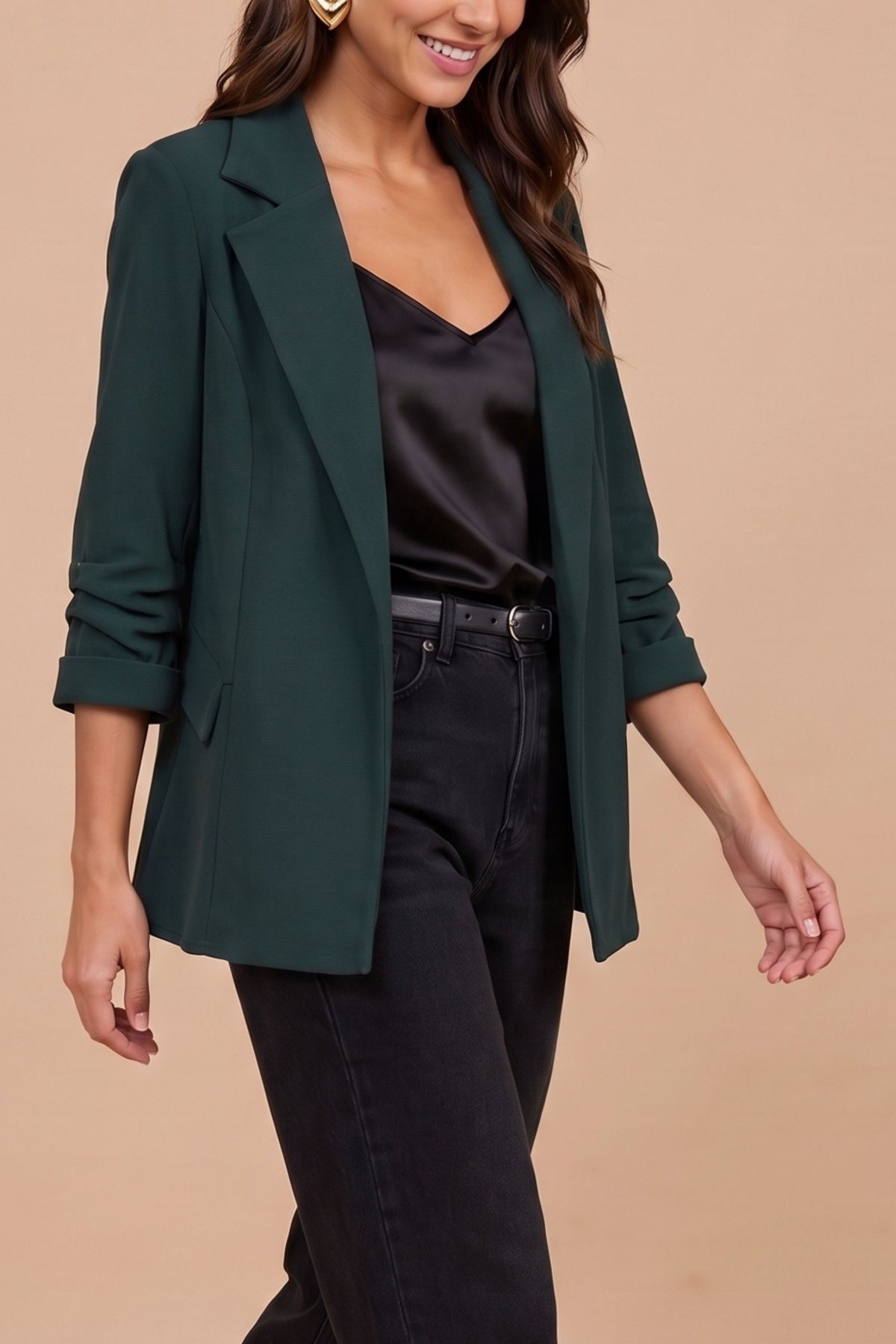 Sofia Bottle Green Ruched Sleeve Relaxed Blazer