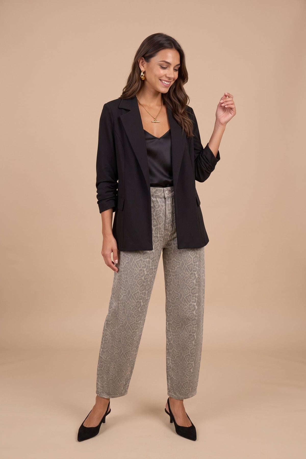 Sofia Black Ruched Sleeve Relaxed Blazer