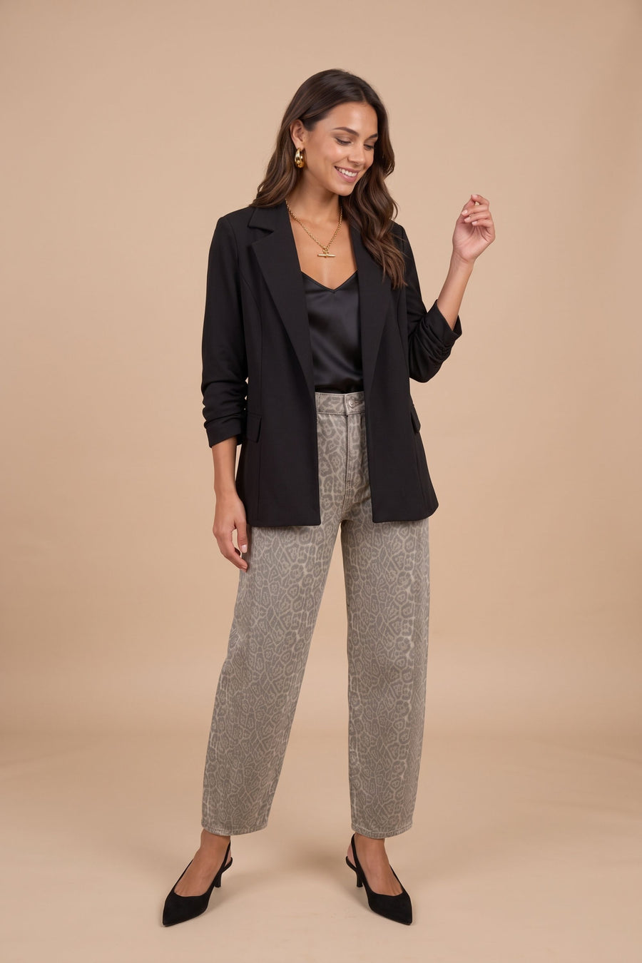 Sofia Black Ruched Sleeve Relaxed Blazer