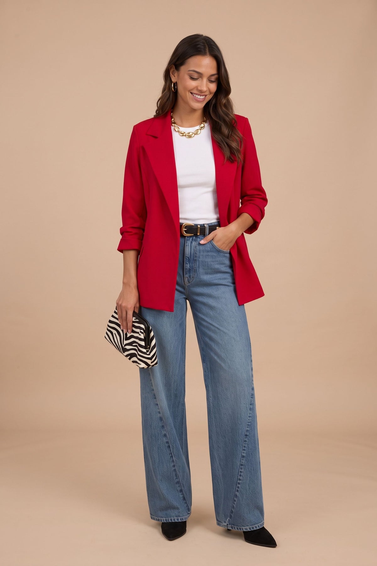 Sofia Red Ruched Sleeve Relaxed Blazer